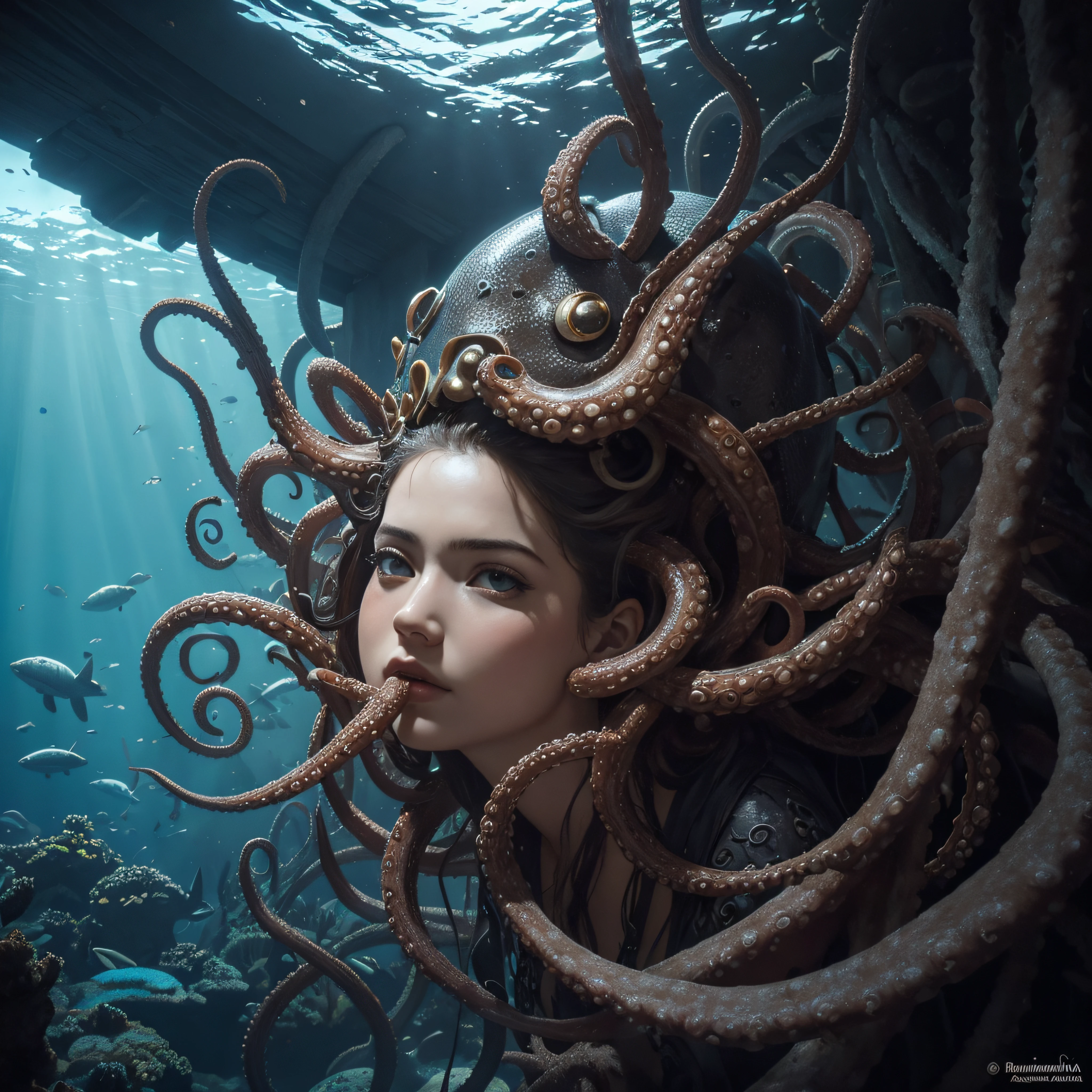 (extremadamente detallado, obra maestra, La mejor calidad, Under the Ocean), Estilo oscuro, volumetric illumination. armadura medieval, rostro con arrugas, lengua larga, tentacle, deforme, imagen submarina vista desde el exterior, pico de pulpo amenazante. manchas de tinta. Rococo composition. Luz de caravaggio