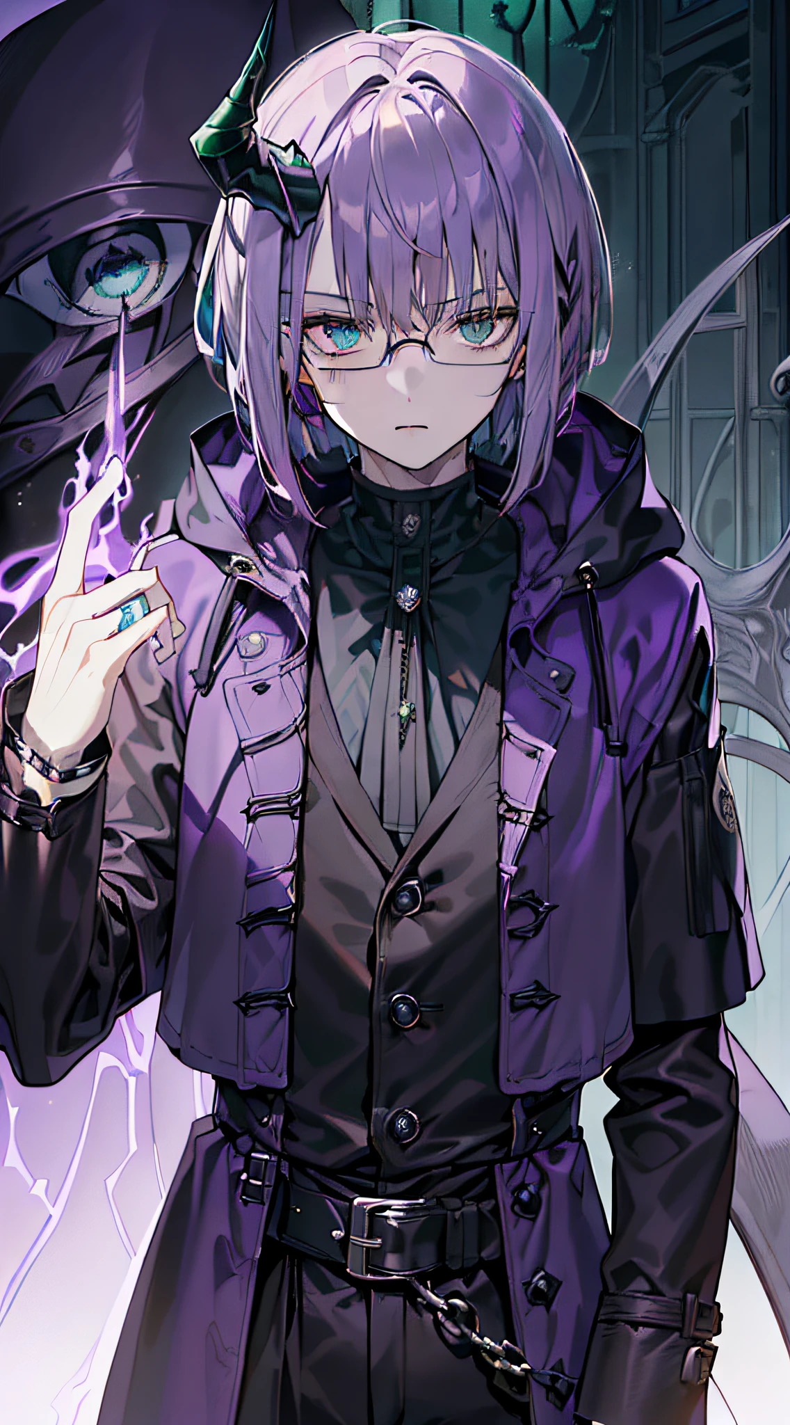 the whole((Highest Quality, masuter piece, in 8K,pixiv)), Adult male, (( Detailed and neatly written eyes, Detailed and neatly written expression,Adult male face beautifully written in detail,,Stand straight facing the front,2 demon horns,Bandsman,Diabolical)), faces((Very sharp eye shape, Dark lashes, Steel blue eye color)),Strands of hair (((Purple hair color, Shaggy hair, bob Haircut)),vestments ((long trousers,gentleman,Hooded trench coat,Farbe((Purple-black)),face to the viewer,Background with((Solid green)),Wearing glasses((clever)),Upper body only,faces((are clearly visible)),Eyes clear,Mage Punk