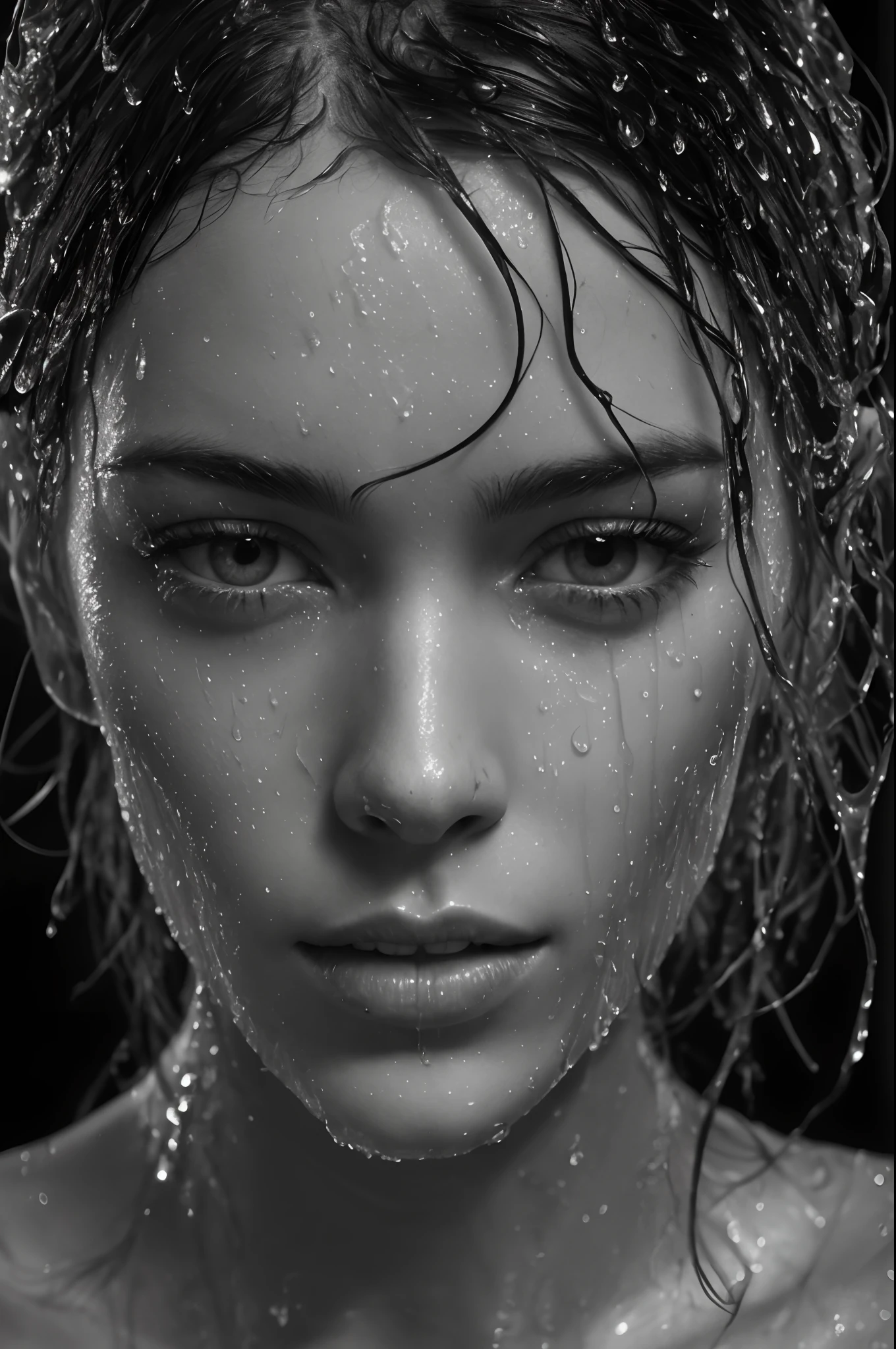 a black and white photo of a woman with wet hair, rain drops on face, wet face, raining portrait, by irakli nadar, covered in water drops, close - up portrait shot, close up portrait shot, portrait of barbara palvin, 8k artistic portrait photography, wet shiny skin, wet hair, soaked, close up portrait photo, dewy skin