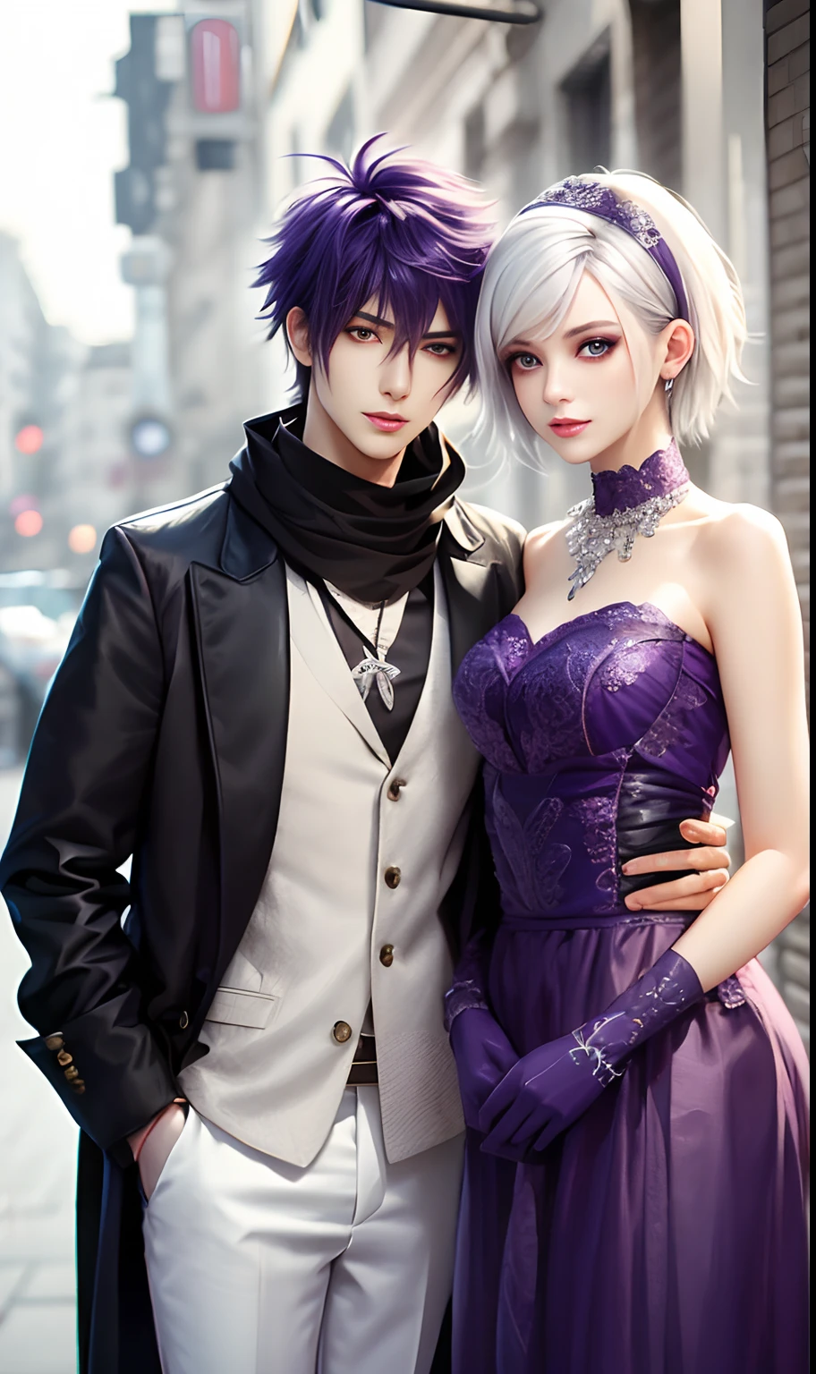 ​masterpiece, top-quality, 2Others, Male and female couples, 1 man and 1,, Adults, Height difference, different fashion, different color, finely eye and detailed face, intricate detailes, Casual clothing, window, A smile, Happiness, tenderness, husband and wife, high-level image quality、 selfee, Beautiful men and women、tall、The upper part of the body、nightfall、nighttime scene、𝓡𝓸𝓶𝓪𝓷𝓽𝓲𝓬、Korea person, Idol Photos, k pop, Professional Photos, Vampires, Korean fashion in black and white, Fedoman with necklace, inspired by Sim Sa-jeong, androgynous vampire, :9 detailed face: 8, extra detailed face, detailed punk hair, ((eyes are brown)) baggy eyes, Seductive. Highly detailed, semi realistic anime, Vampires, hyperrealistic teen, delicate androgynous prince, imvu, short hair above the ears, Man with short hair, With a purple-haired man with a wild expression, Woman with white hair with gentle expression, ((With a short-haired man with bright purple hair)), ((Woman with long white hair))