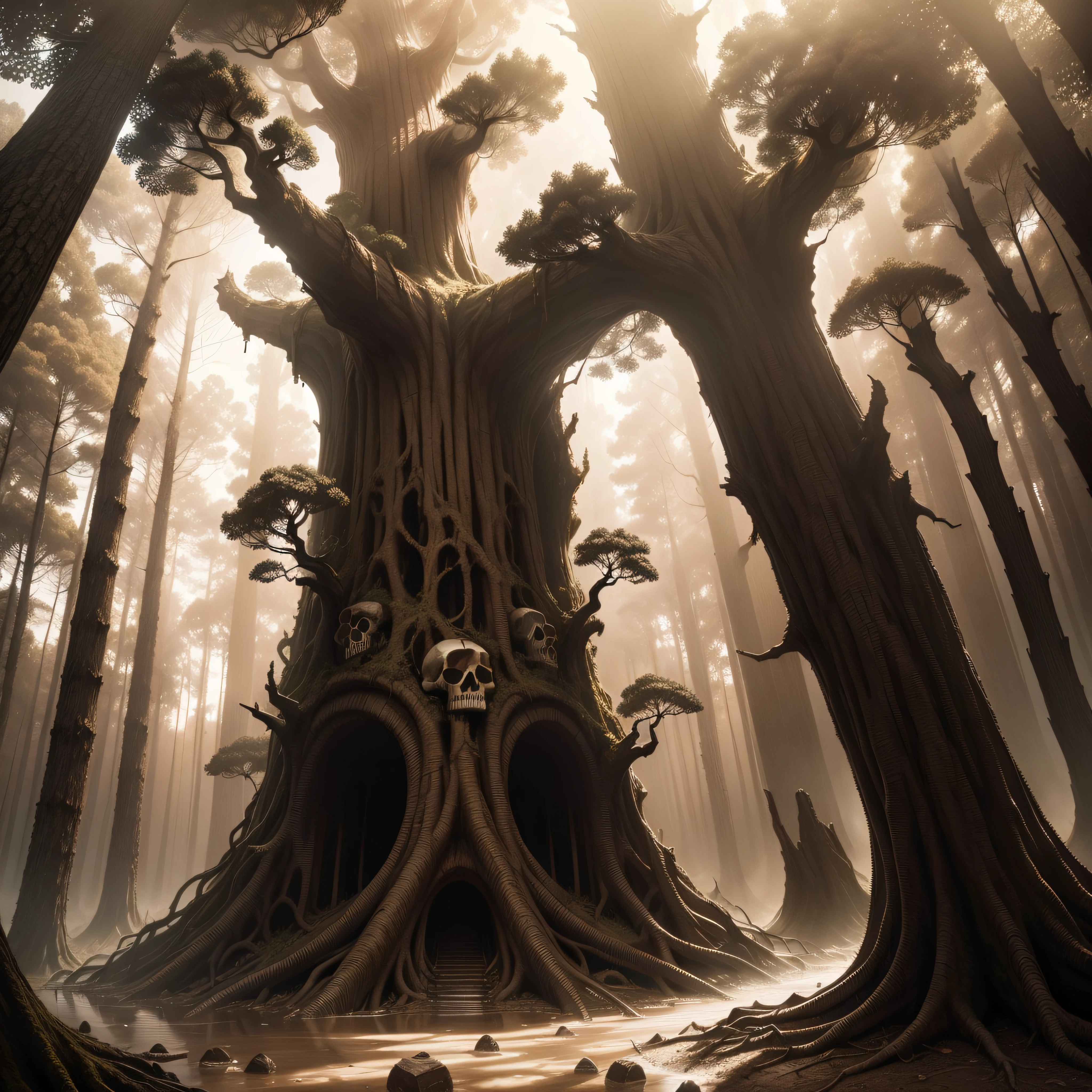 (extremadamente detallado, obra maestra, La mejor calidad, Tono sepia) bosque enorme, Skulls come out of tree trunks, Flooding, ruinas. Daytime Lighting.