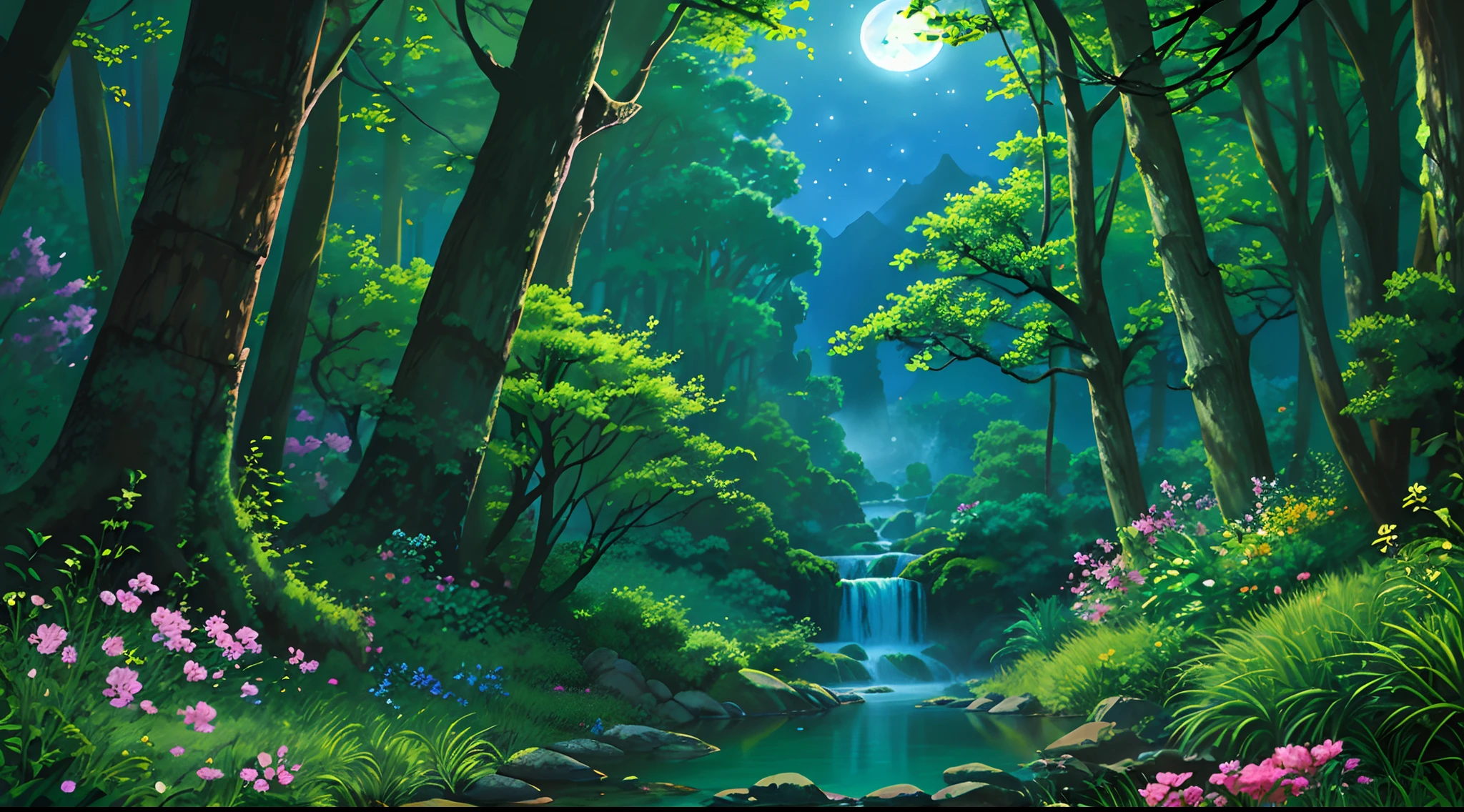 (digital painting),(best quality), enchanted forest, green, yellow, brown, Ukiyo-e art style, Lord of the Rings inspiration, Deviant Art popular, 8k ultra-realistic, earthy color scheme, soft lighting, golden hour, tranquil atmosphere, landscape orientation, Masterpiece, best quality, 8K, high res, ultra-detailed, (beautiful night:1.4), (mesmerising moonlight falling through the leaves:1.4), A scene of a waterfall cascading down a high cliff amongst lush greenery, adorned by vibrant flowers, towering pines, and delicate bamboo groves,no humans, sakura, beautiful view, ultra-detailed, fine detailed, highly detailed, intricate, highly detailed, ultra-detailed, scenery,no humans, lush green mountains, winding rivers, misty atmosphere, solitary, intricate details, delicate features, verdant trees, blooming flowers, druid's circle, soft moss, deep forest, intricate leaves and vines, wisps of light, still pool of water, pristine, verdant green, A picturesque scene of a waterfall cascading down a high cliff amongst lush greenery, adorned by vibrant flowers, towering pines, and delicate bamboo groves.