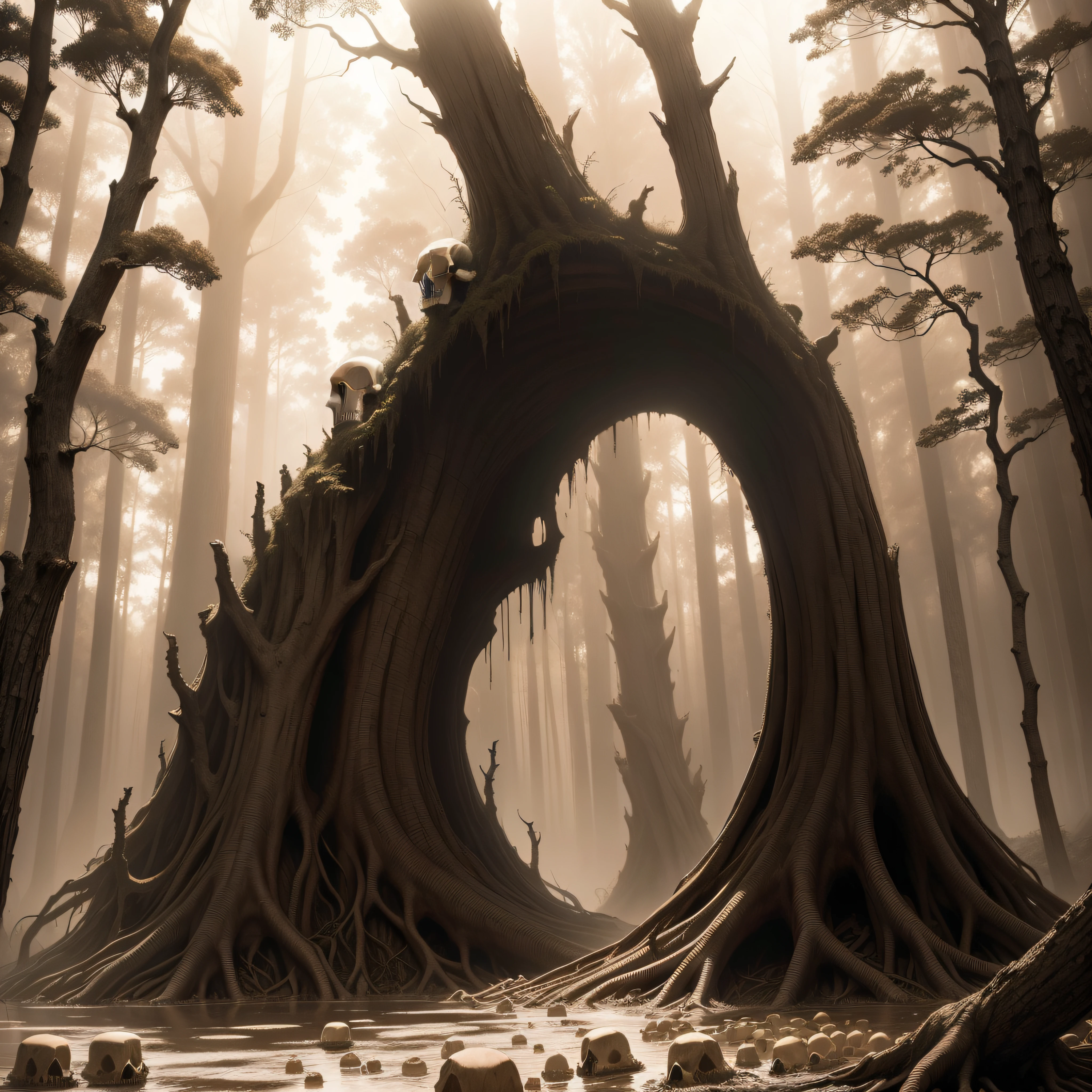 (extremadamente detallado, obra maestra, La mejor calidad, Tono sepia) bosque enorme, Skulls come out of tree trunks, Flooding, ruinas. Daytime Lighting.