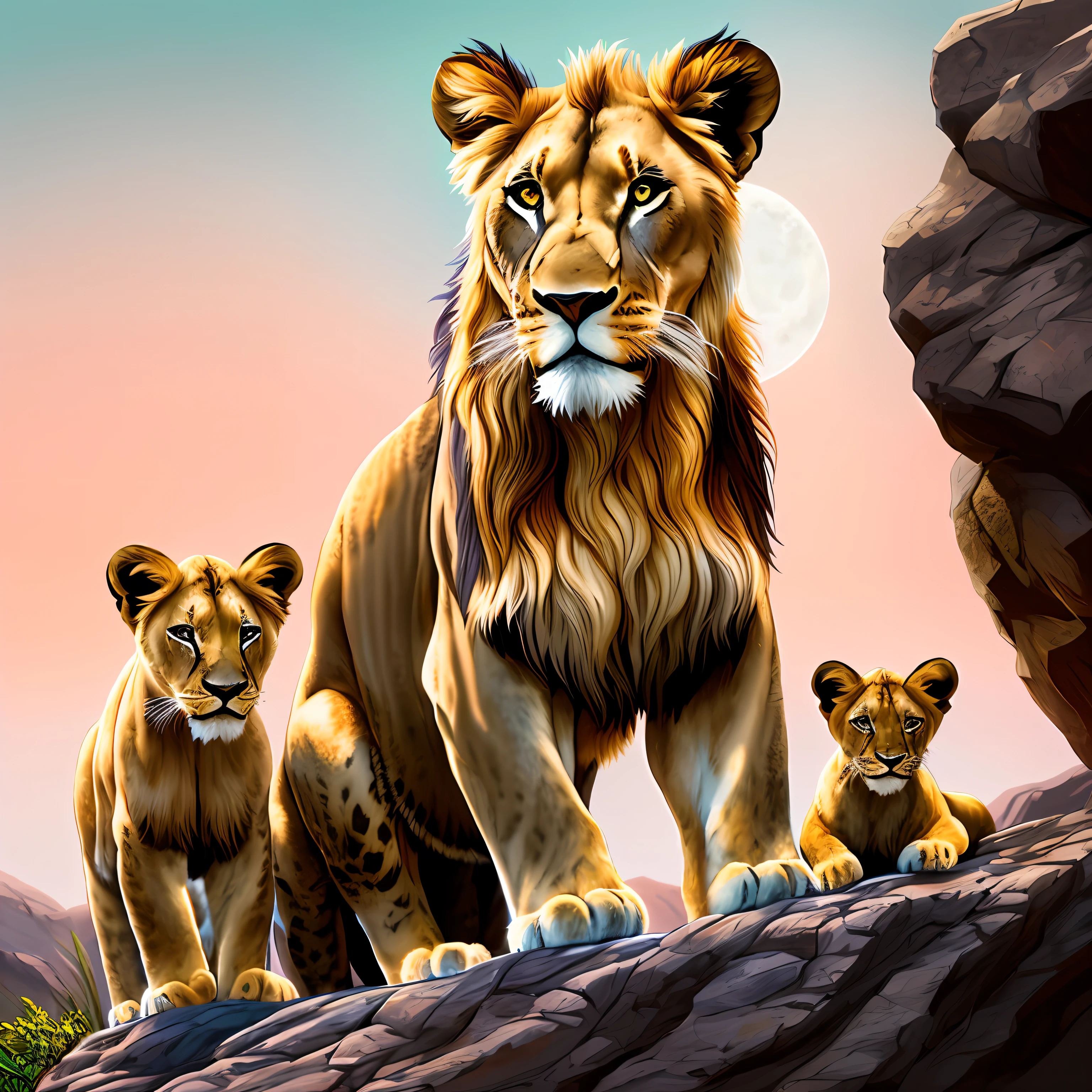 Two lions standing on a rock with a baby lion, Wildlife illustration, in style of digital illustration, low detailed. Digital Painting, stunning digital illustration, cartoon digital painting, digital painting highly detailed, digital illustration -, stylized digital illustration, digital cartoon painting art, highly detailed vector art, detailed beautiful animals, digitalpainting, highly detailed digital painting