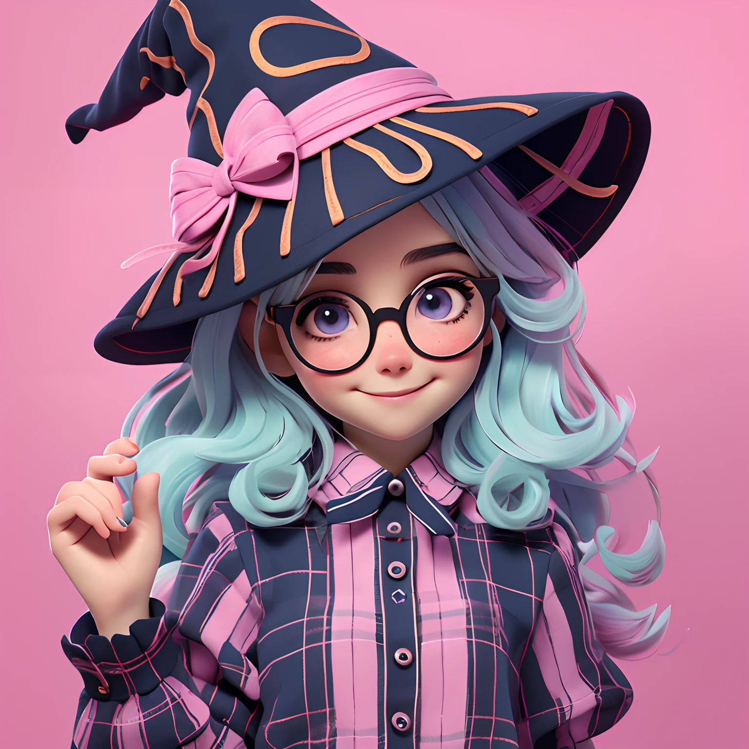 loli menina, dia das bruxas, hat and cute witch outfit, Mixed and messy hair, Eyeglasses, roupa detalhada, corpo inteiro, The background is filled with a pastel shade, evoking a sense of lightness and happiness.