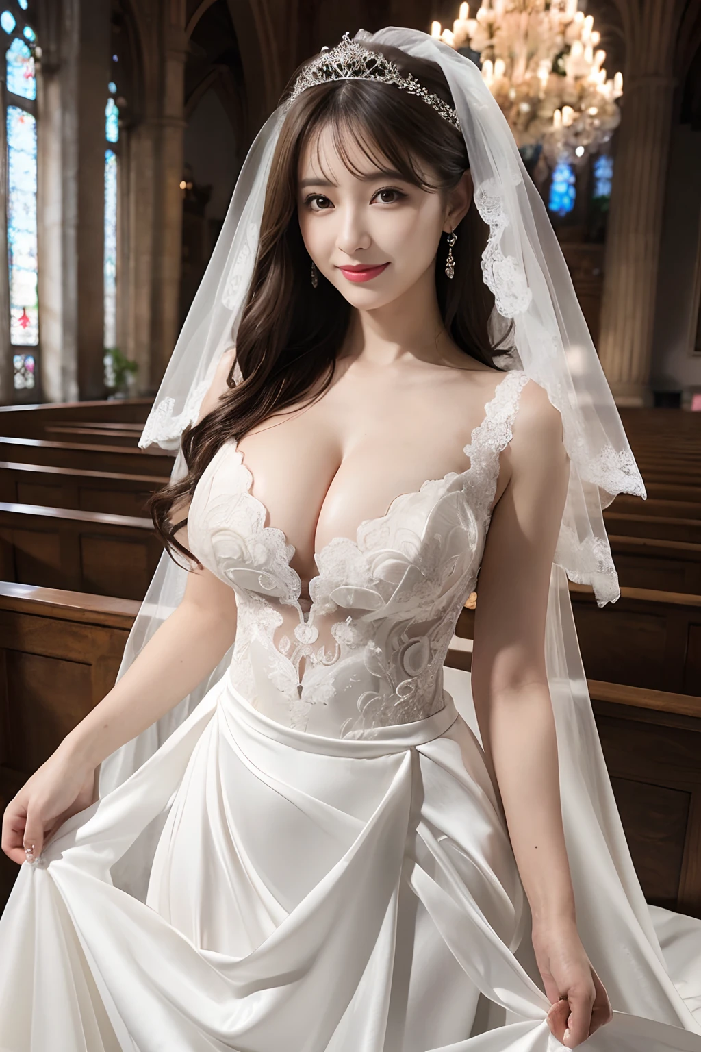 (Best Quality, masutepiece:1.2), (Realistic:1.3), (hyper detailed background, Detailed background), Bokeh, ((medium breasts:1.3)), ((Tense cleavage)),(Belleline Wedding Dresses:1.3),Bridal tiara, Show, Bridal Veil, bridal gauntlets, Bridal Cascade Bouquet, Upper body, Wedding in the church, The skirt spreads round and wide, 1girl in, 30s, Cute,Smiling, Dynamic Angle