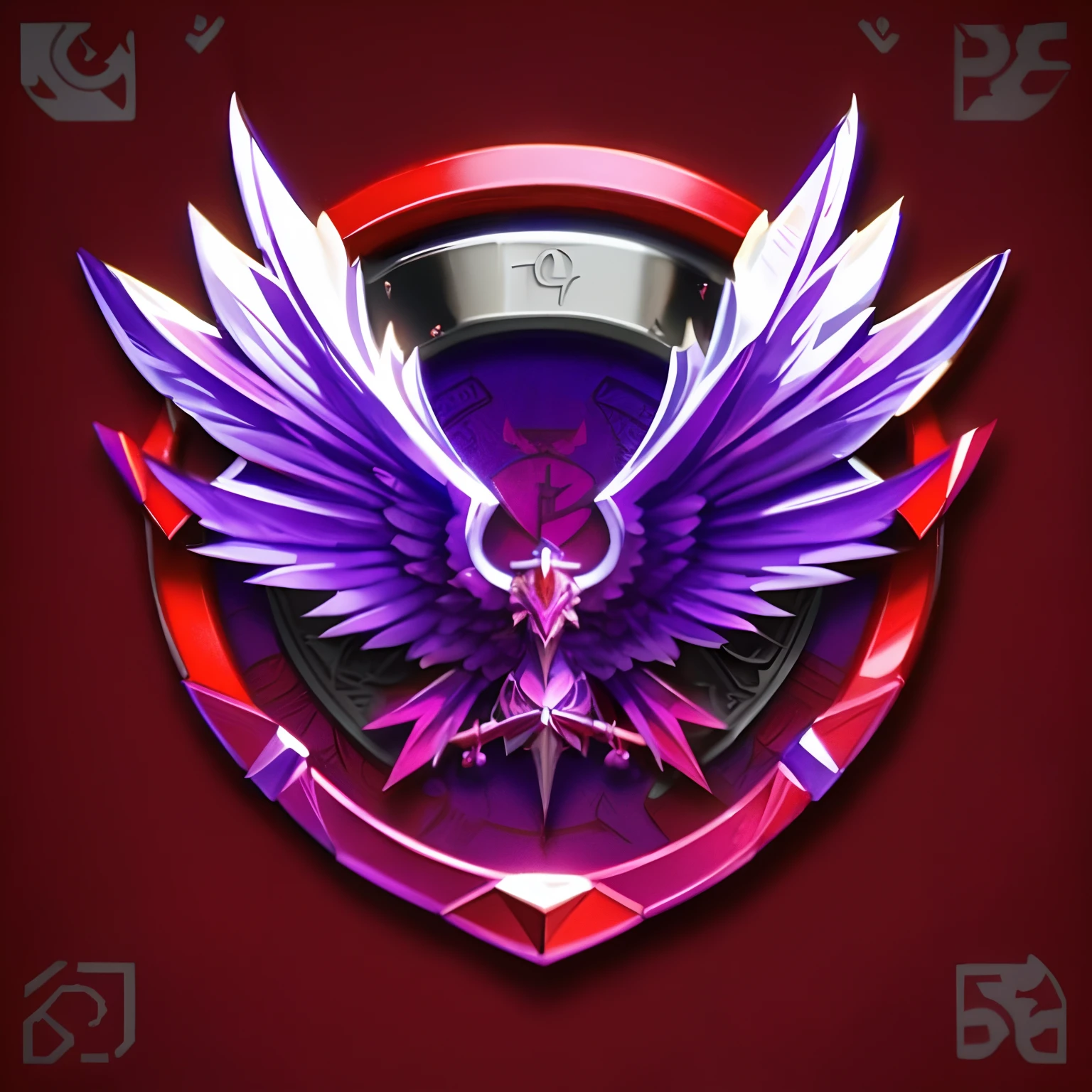 Purple and red emblem with wings , purple and red, red and purple, purple and red colors, The Emblem of Wisdom, 3D icon for mobile game, purple and red bleeding, Purple and scarlet colors, with an eagle emblem, profile picture 1024px, red and purple coloration, league of legends style, Game icon