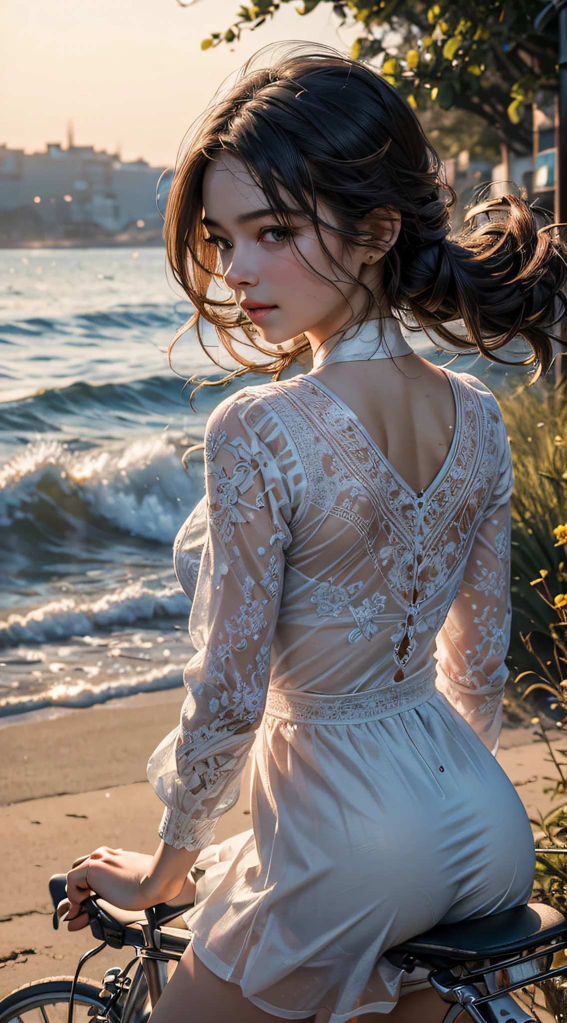 (masterpiece: 1.5) (photorealistic: 1.1) (bokeh) (best quality) (detailed skin texture hair pores: 1.1) (intricate) (8k) (HDR) (wallpaper) (cinematic lighting) (sharp focus), 1girl, Riding a bicycle with the wind in her hair, she explores a charming coastal town, discovering hidden treasures along the way