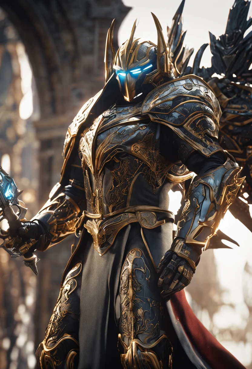 An epic closeup of the dark fighter, looking at the viewer, (alone), light full body armor, (The armor covers the entire body), negro, golden edges, Dragon Eye Inlaid Armor, combat pose, full body shot, in a temple in the background, anime screencap, Masterpiece, The best quality, high detail, high resolution, UHD, 4k, 8k