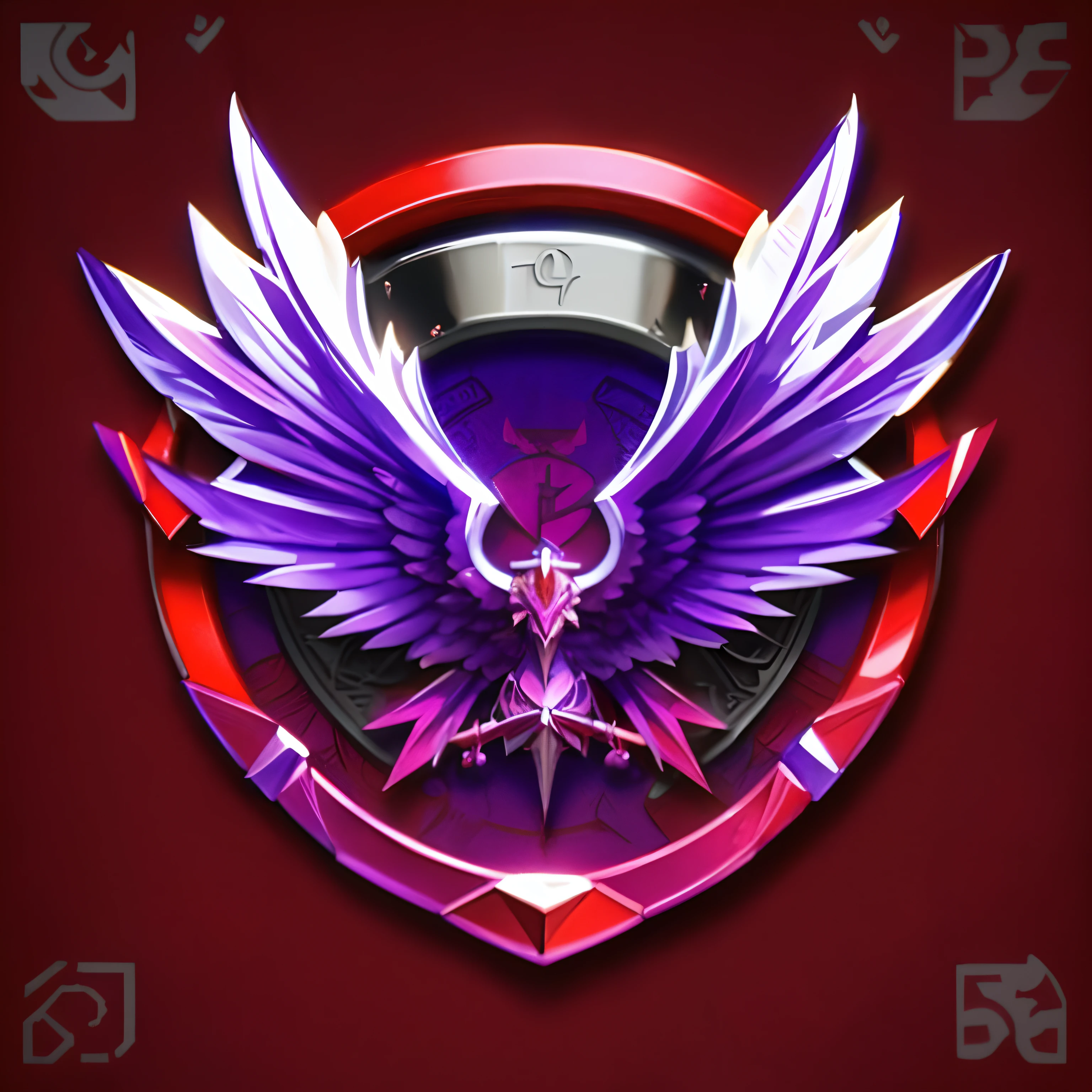 Purple and red emblem with wings , purple and red, red and purple, purple and red colors, The Emblem of Wisdom, 3D icon for mobile game, purple and red bleeding, Purple and scarlet colors, with an eagle emblem, profile picture 1024px, red and purple coloration, league of legends style, Game icon
