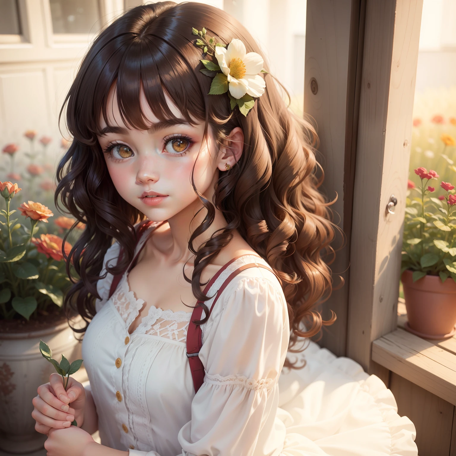 Create image of a little girl of 6 years old, with light brown hair, chanel cut with bangs, wavy hair, brown eyes, simple plaid vesido , playful style, disney style, children's stories style, background a beautiful yellow green house in the background, 88k 2d --V-