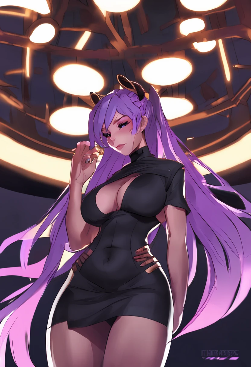 anime - style image of a woman in a black dress with purple hair, thicc, commission for high res, oc commission, succubus in tight short dress, (nsfw) not safe for work, she has a jiggly belly, realistic shaded, fullbody commission for, loish and wlop, nsfw version, thick black lineart, pov art