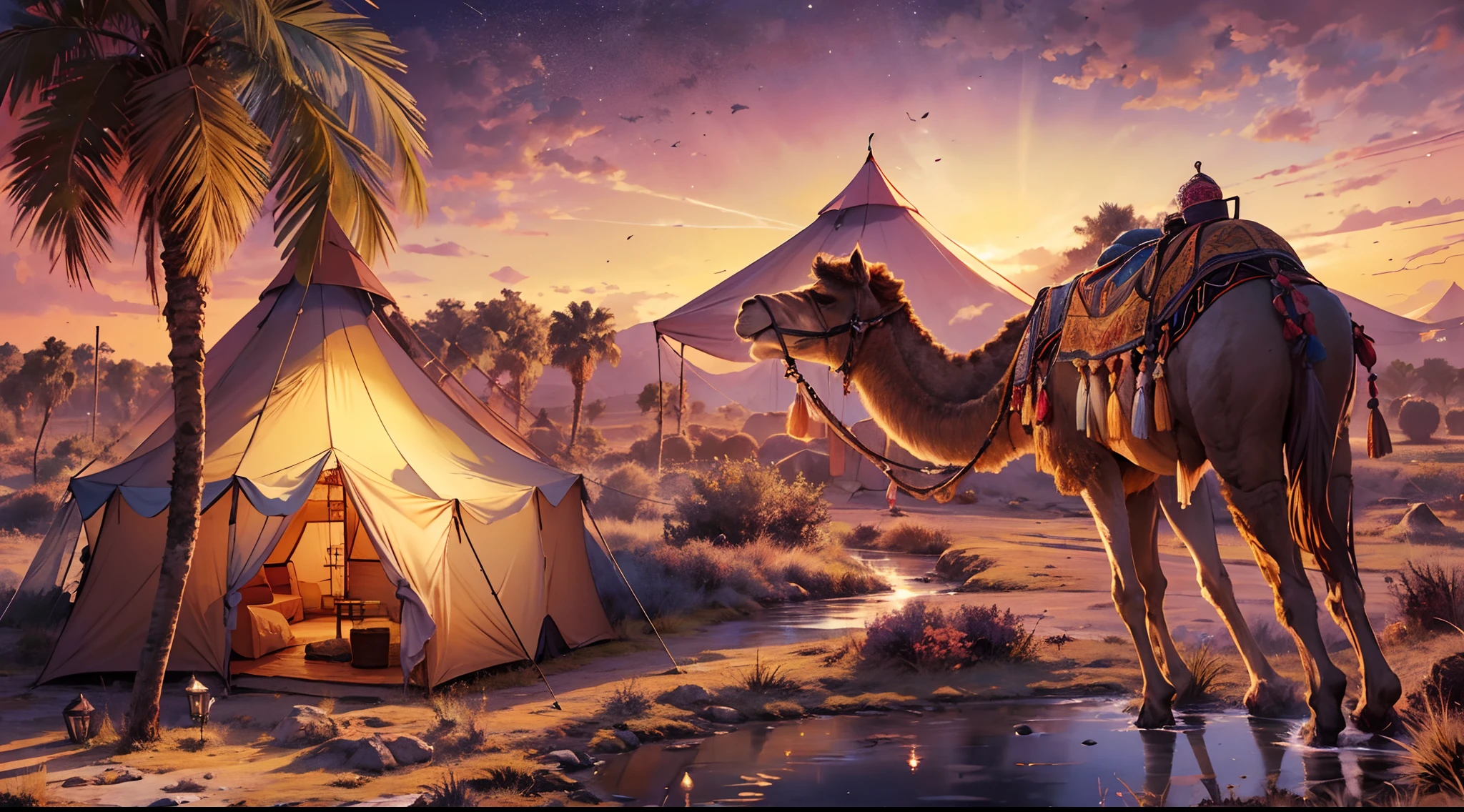 high details, best quality, 8k, [ultra detailed], masterpiece, best quality, phtorealism (extremely detailed), picture of a desert oasis in sunset (intricate details, Masterpiece, best quality: 1.5), palm trees, small stream of water, a camel drinking from the stream, a large tent at the oasis (intricate details, Masterpiece, best quality: 1.5), colorful tent, night sky filled with stars, night light, dim light, high details, best quality, highres, ultra wide angle fantasy_night