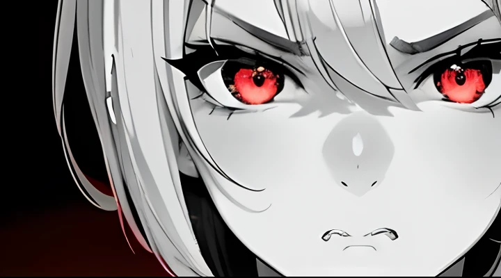 Best Quality, masutepiece,4k 8k wallpaper, 1girl in, Shorthair, Silvery hair、Hairpin, Hoodie, (((Close-up photos))),  (((monochromes:1))), Red background,loimu、 ((looking disgusted)), Looking at Viewer, Glowing eyes, gloweyes, halfbody