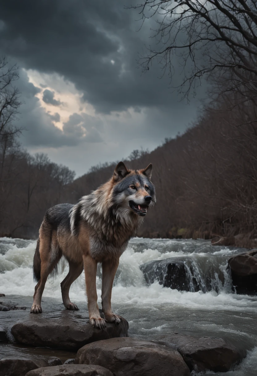 Wolf God, surreal, tense, cold, highly detailed, sharp, professional, 8k UHD, movie, dark, violent, outdoor, river, battle, chase, dramatic, vivid, tense atmosphere, rendering, epic, twilight, HDR, album cover, blizzard, lightning, disaster