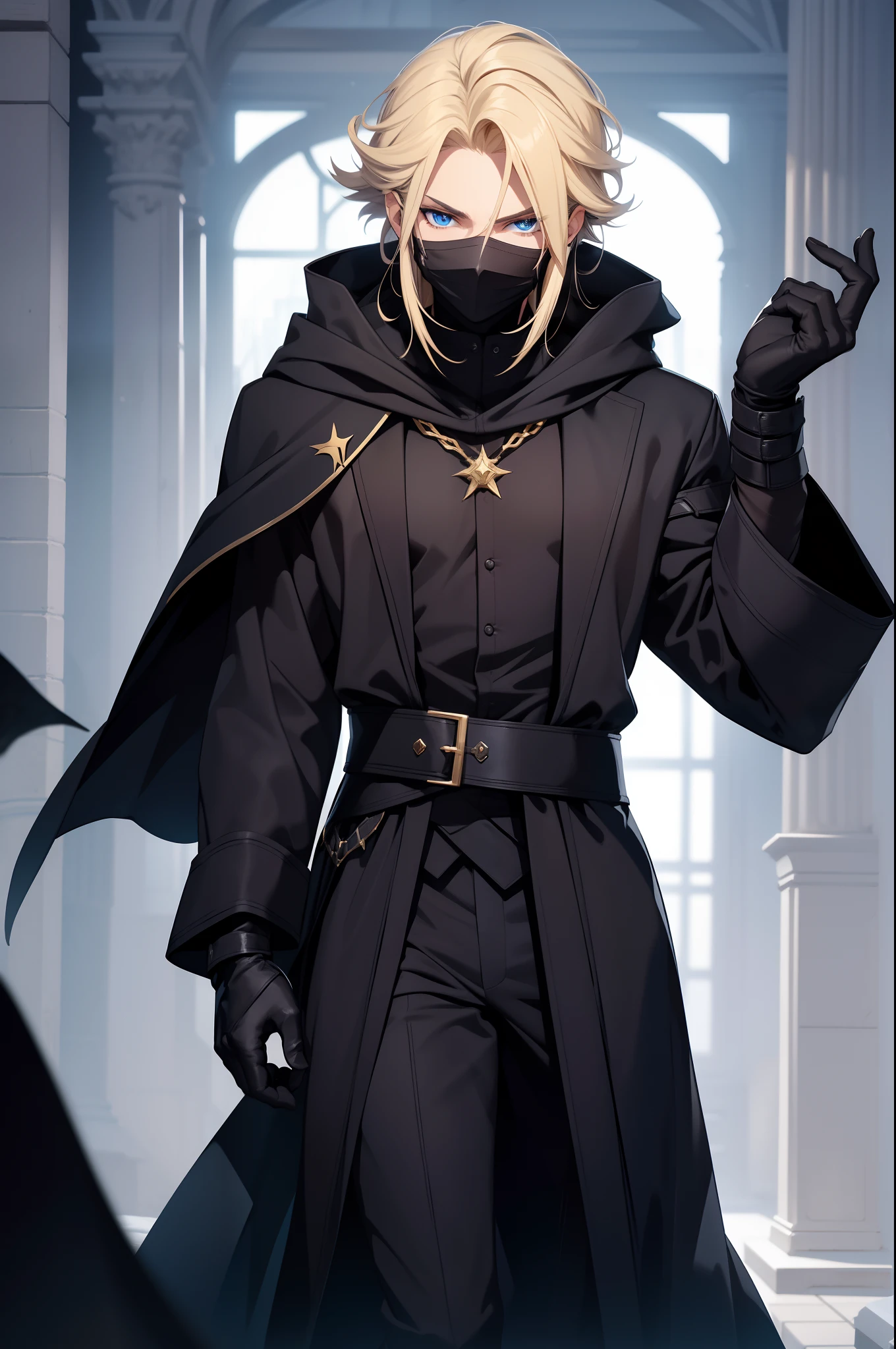 solo male, black robes, black pants, black gloves, black hood, golden mask, mage, blonde hair, blue eyes
