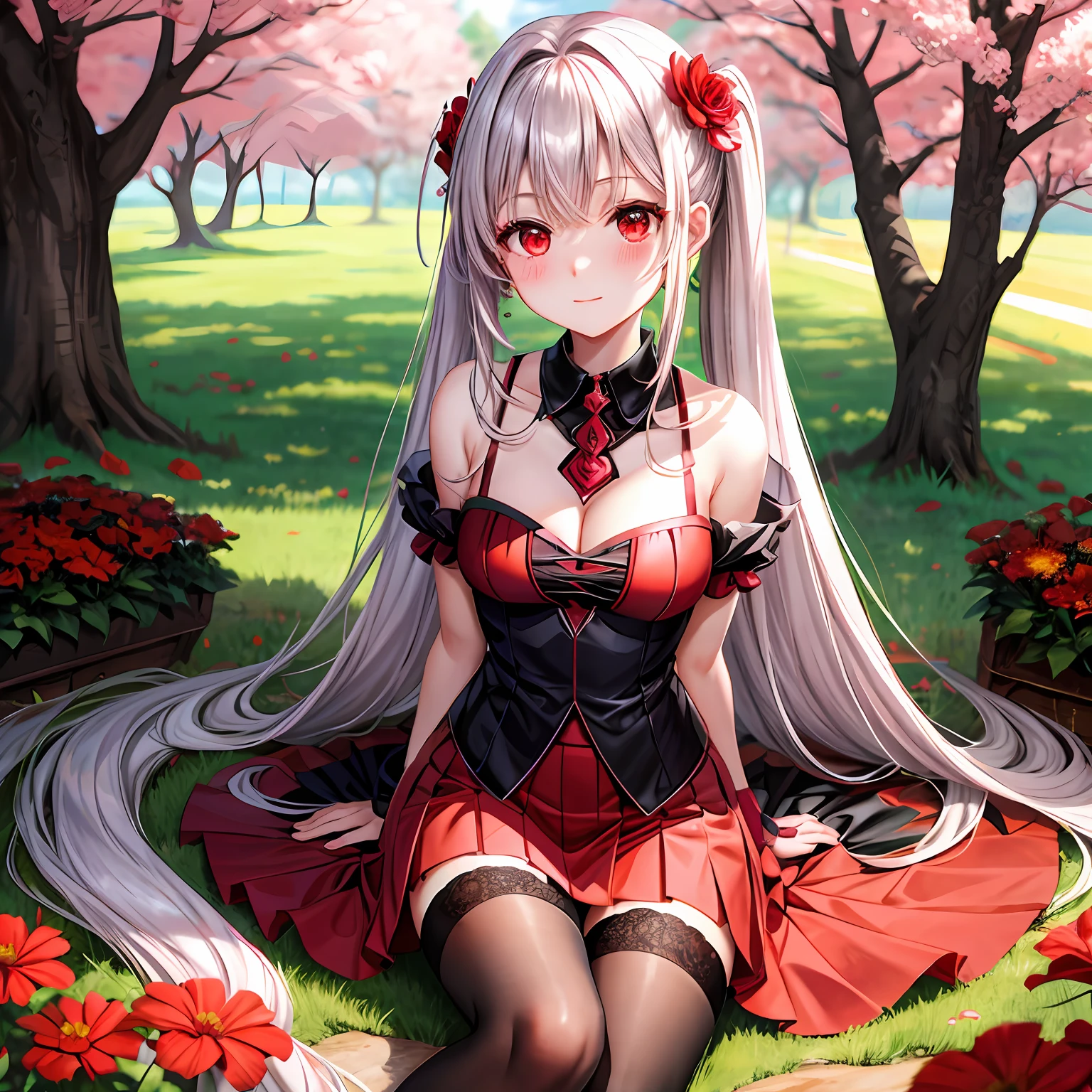 red blush、silber hair、poneyTail、red eyes、Beautiful girl alone、animesque、独奏、a miniskirt、A sexy、flower  field、