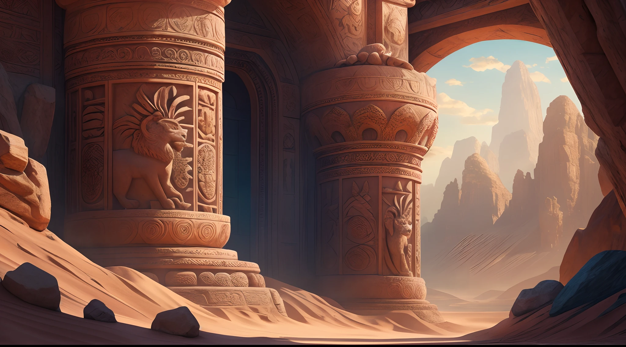 high details, best quality, 8k, [ultra detailed], masterpiece, best quality, phtorealism (extremely detailed), fantasy art, a picture of mountain in the desert with an ancient temple built into the mountain(intense details, Masterpiece, best quality: 1.5), a temple carved in the mountain (intense details, Masterpiece, best quality: 1.5),  at the desert, ancient temple (intense details, Masterpiece, best quality: 1.5), lost cultures, stone arches (intense details, Masterpiece, best quality: 1.5), intese stone engraving, lion statues (intense details, Masterpiece, best quality: 1.5), stone pillars, sun rise, silhouette, sun particles, blue desert sky background
