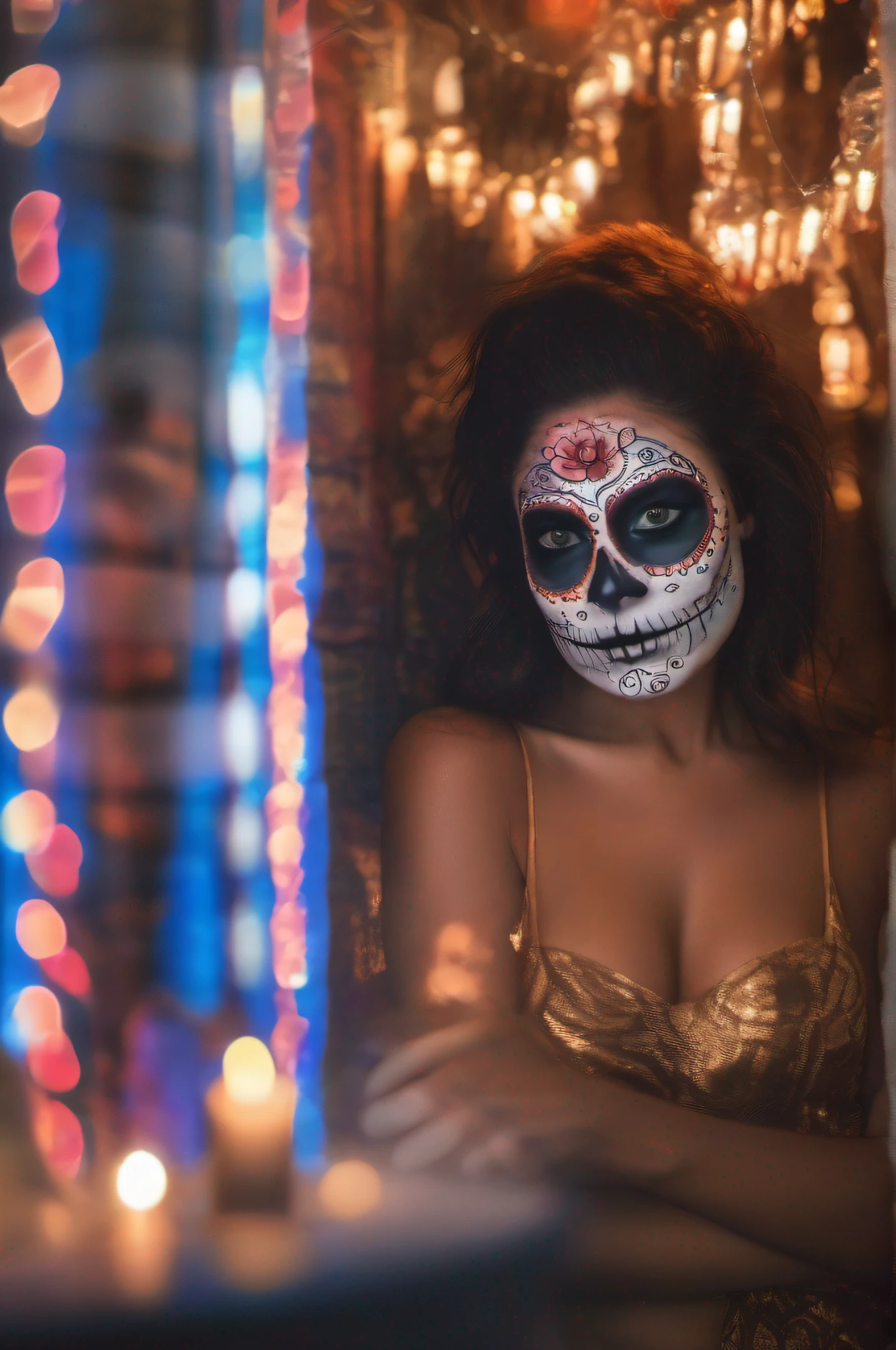 beautiful sexy naked woman, in Catrina / Mexican Skull MakeUp (Dia de muertos), (((dimly lit room with evening light rays entering a nearby window))), medium frame, sharp focus, low-light cross-processed film still, award winning studio photography, professional color grading, clean sharp focus, hyperrealistic, In a dark graffiti background, 8k