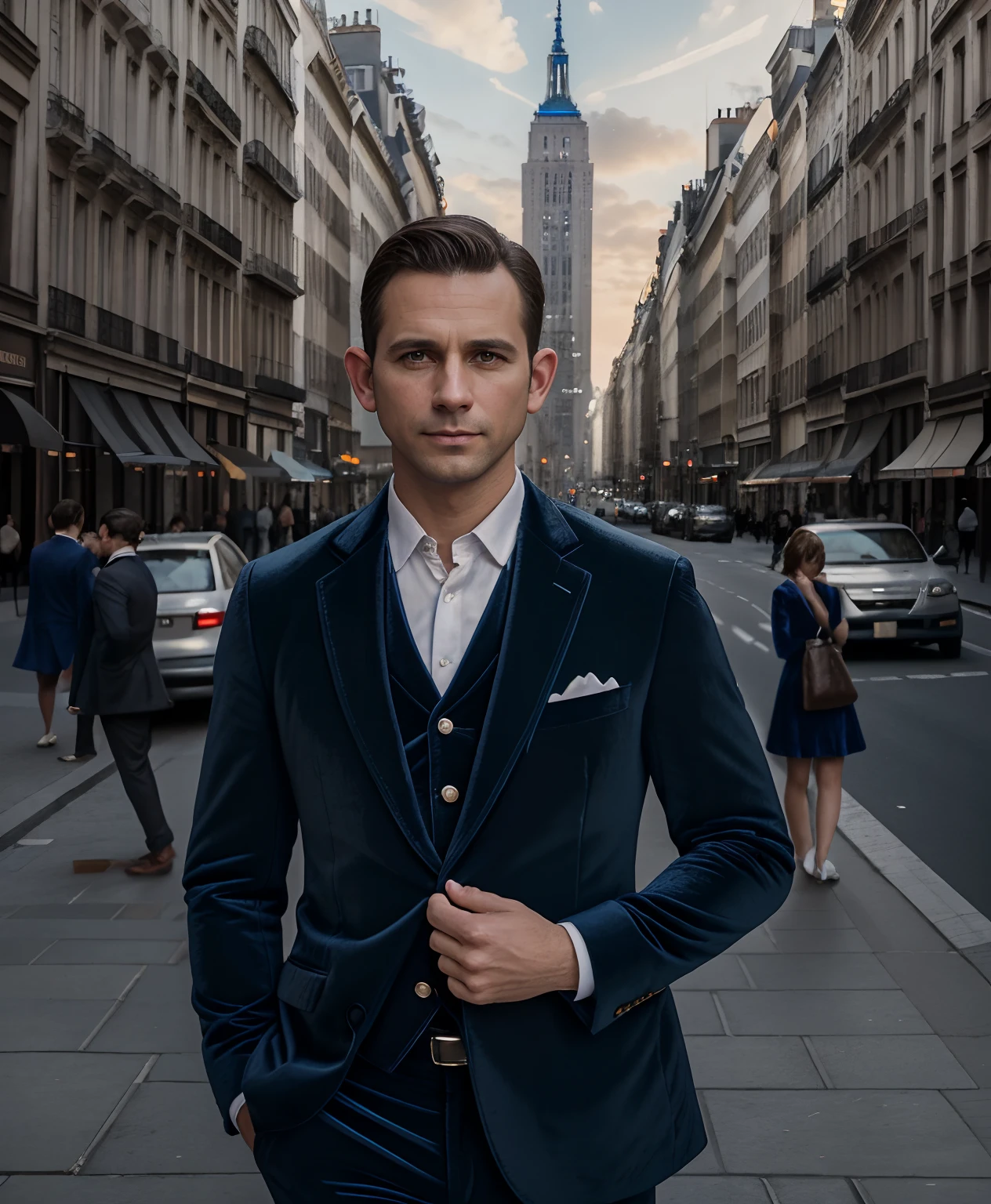 (Masterpiece, photoreallistic), (f/1.4, Sony a7R IV) ..RAW, Portrait of seductive European man, 35  years old , ( brown short hair and small ears:1.3),(Ears glued to the face:1.4). Full view, wearing (a blue velvet suit jacket:1.4) and (white fit shirt and white fashion pants :1.3). Standing in the street in a very famous pose, Photographie et pose de mannequinat, Moniteur du New York Times et rue, Cities in the background and passers-by in the background and Bokeh, Highly detailed and symmetrical face, detailed lips, ceinture, detailled eyes, Des jambes parfaites, Background and sunset of the city of Paris and golden sky of the sunset, Bokeh, Precise finger, Super creative pose, VRAIE PHOTO, Lively street, Kodak, Anciennes couleurs de film, ultra fine detail, slow shutter speed, Stretched lights and movement, Bokeh