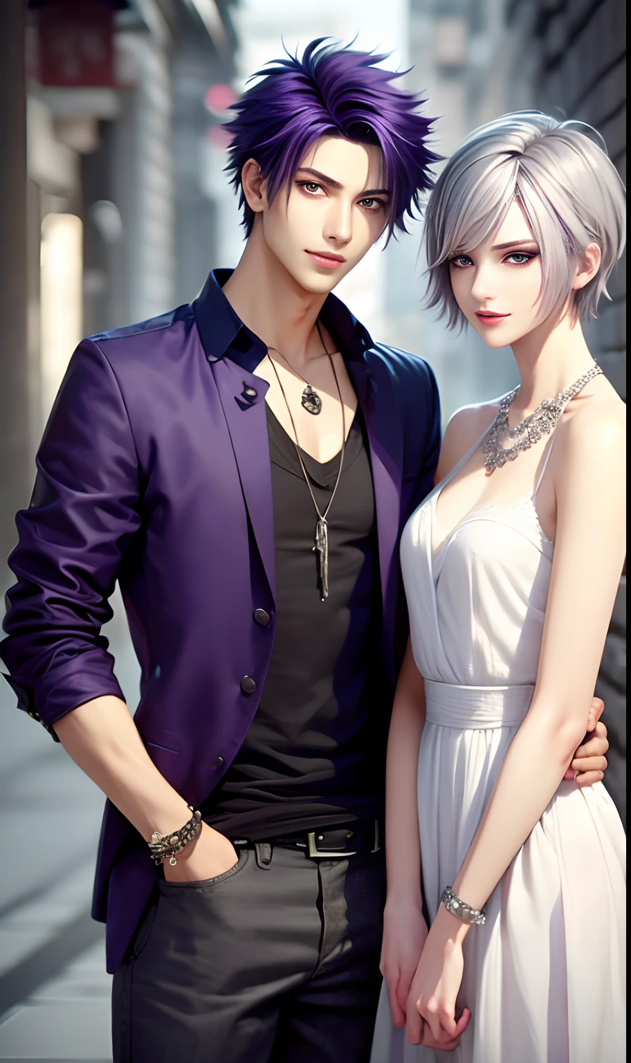 masterpiece, top-quality, 2Others, Male and female couples, 1 man and 1,, Adults, Height difference, different fashion, different color, finely eye and detailed face, intricate detailes, Casual clothing, window, A smile, Happiness, tenderness, husband and wife, Sibling, high-level image quality、 selfee, Beautiful men and women、tall、The upper part of the body、nightfall、nighttime scene、𝓡𝓸𝓶𝓪𝓷𝓽𝓲𝓬、Korea person, Idol Photos, k pop, Professional Photos, Vampires, Korean fashion in black and white, Fedoman with necklace, inspired by Sim Sa-jeong, androgynous vampire, :9 detailed face: 8, extra detailed face, detailed punk hair, ((eyes are brown)) baggy eyes, Seductive. Highly detailed, semi realistic anime, Vampires, hyperrealistic , delicate androgynous prince, imvu, short hair above the ears, Man with short hair, With a purple-haired man with a wild expression, Gray-haired woman with a gentle expression, ((With a short-haired man with bright purple hair)), ((Woman with long gray hair))