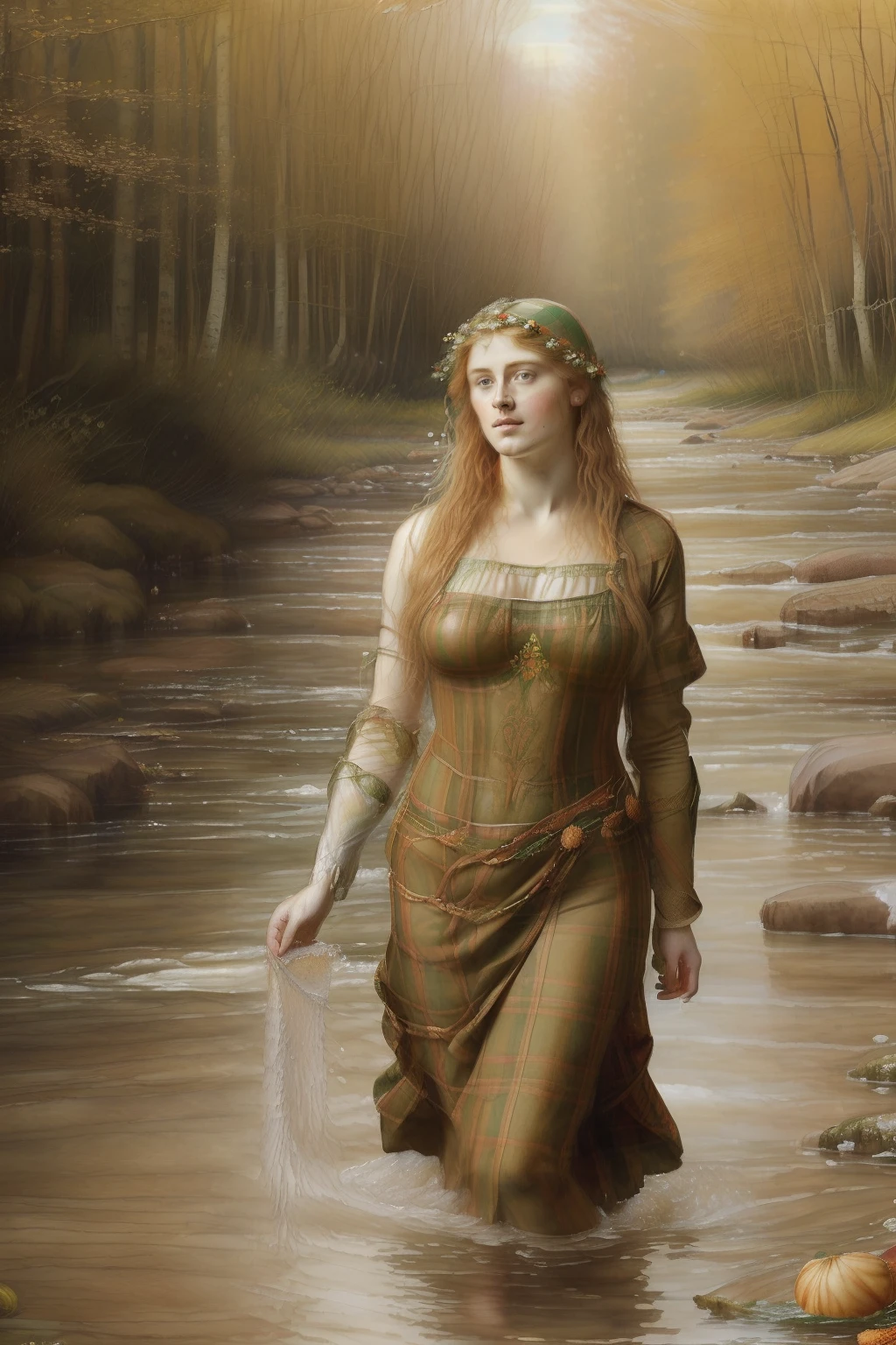 (((The Pre-Raphaelite painting of the blonde Celtic nymph covered in plaid fabrics comes out of the waters of a river and throws hazelnuts into the water, muitas aveleiras nas margens, ondina)))