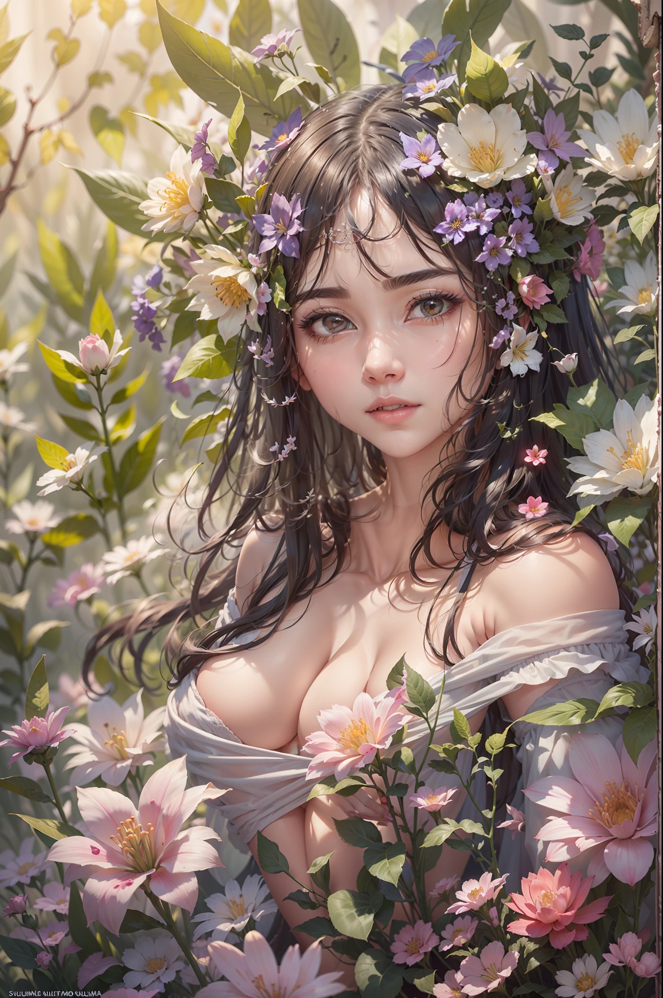 A goddess of love in her small garden, She is surrounded by beautiful flowers, Little angels and fairies accompany her. Su mirada revisa la dulzura, Se viste de forma luminosa y vaporosa. Su cuerpo es esbelto y espectacular. ((pechos grandes)) (cuerpo fitness)