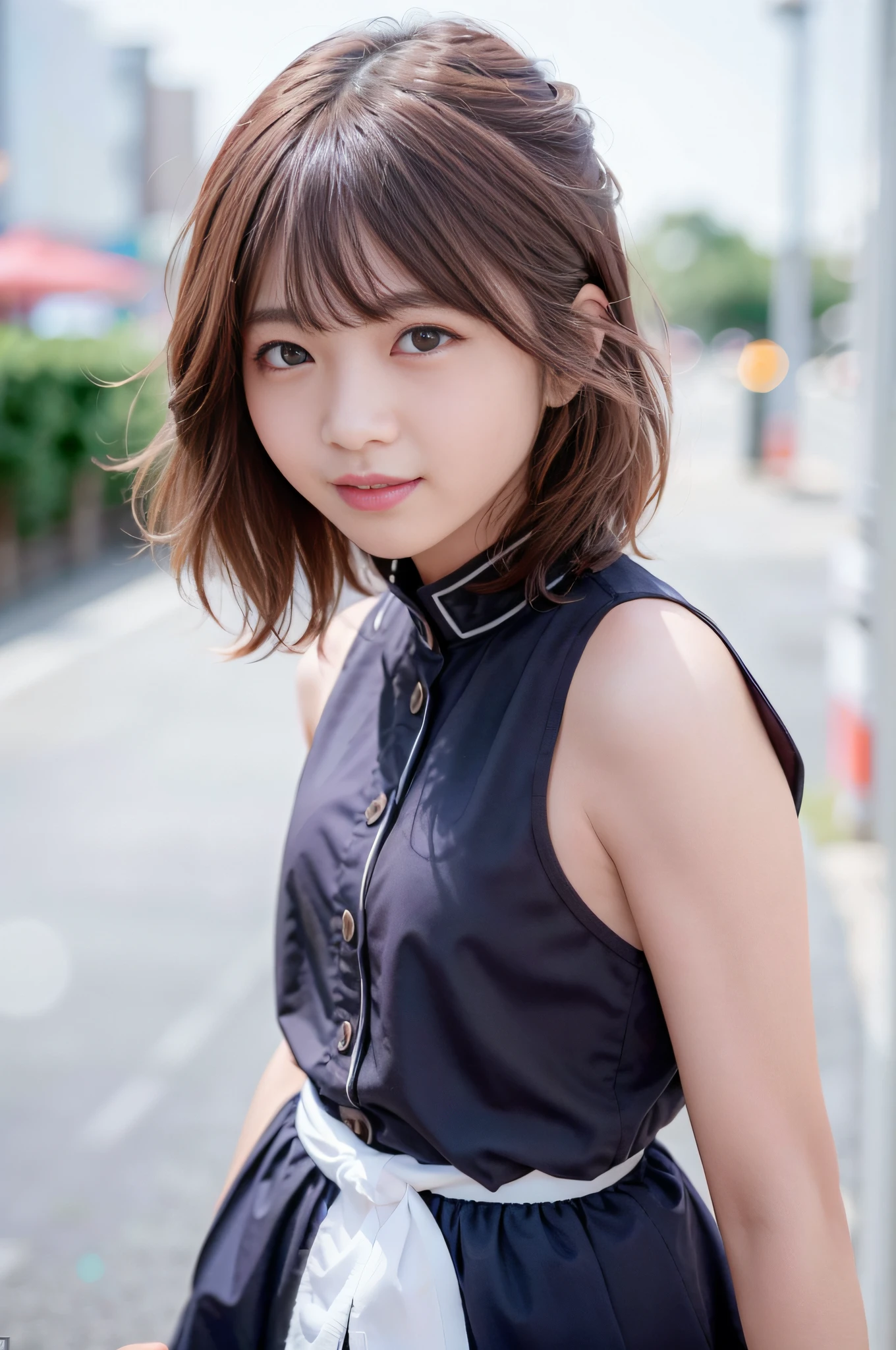 (Skin Blemishes: 1.2), (Skin Dent), Black Eyes, 1 Woman, 25yo, nudity, Female, Solo, Realistic, Best Quality, Photorealistic, Masterpiece, 8K, High Resolution, Solo, Highly Detailed Face, (Pro Lighting, Bokeh), (Light Particles, Lens Flare, Luminous Particles: 0.6), (Dynamic Pose: 1.2), Soft Lighting, Top View Angle, Fashionable and trendy atmosphere, Japan, street, Tokyo, ((daytime)), sky, ((viewer's point of view: 1)), (camera perspective), (portrait: 0.6), cowboy shot, gorgeous, standing figure, maintain original facial proportions, wide shoulders, full body, (small breasts), (medium hair), brown hair, floating hair, lips, lipstick, seductive smile, floating hair, smile, open mouth, teeth, eyelashes , moles, (moles under the eyes: 1),