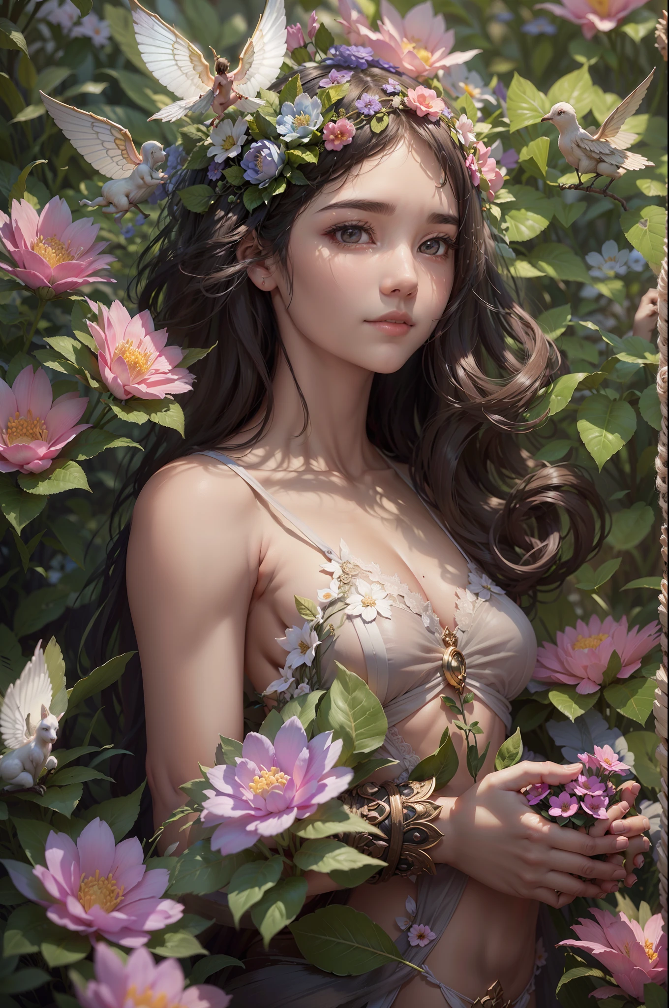 A goddess of love in her small garden, She is surrounded by beautiful flowers, Little angels and fairies accompany her. Su mirada revisa la dulzura, Se viste de forma luminosa y vaporosa. Su cuerpo es esbelto y espectacular. ((pechos grandes)) (cuerpo fitness)