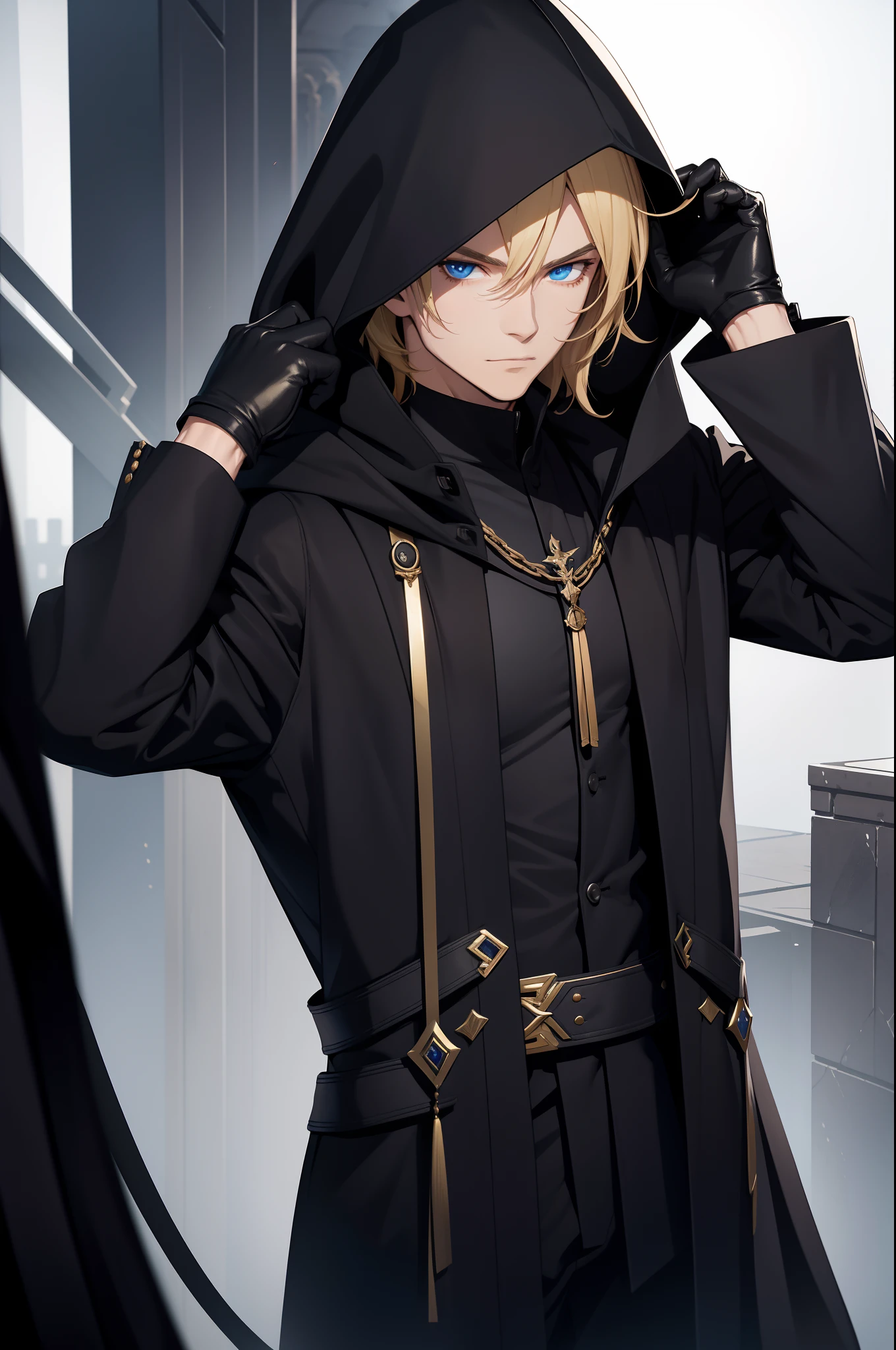 solo male, black robes, black pants, black gloves, black hood, golden mask, mage, blonde hair, blue eyes
