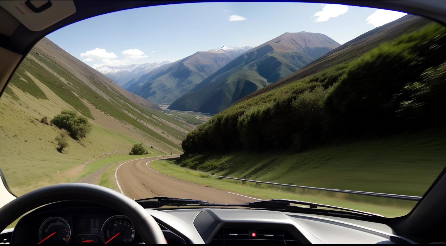 View from a rally car driver、(Off-road)、mountainous setting、Flowing scenery、Dirt road、Dead Heat、Cockpit camera footage、Rival car through the rearview mirror、Drive cam video、Overwhelming sense of speed、Slow shutter