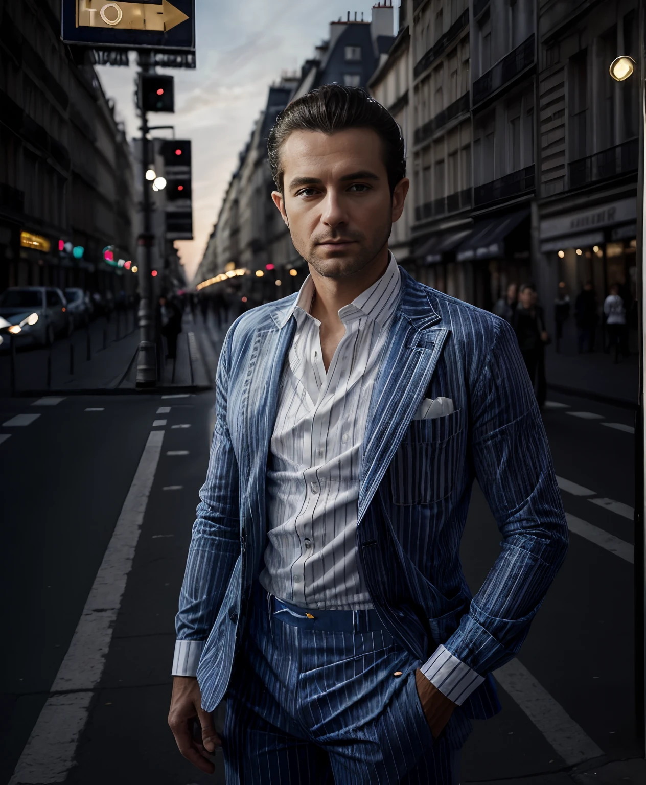(tmasterpiece, photoreallistic), (f/1.4, Sony a7R IV) ...RAW, Portrait of a man with a seductive European hand, 35 ans, (cheveux bruns courts sans barbe:1.3), (petites oreilles:1.3). Full view, (portant une veste de costume bleu velours:1.5), (White striped shirt and white fashion pants:1.6). Standing in the street in a very famous pose, Photographie et pose de mannequinat, Moniteur du New York Times et rue, Cities in the background and passers-by in the background and Bokeh, Highly detailed and symmetrical face, detailed lips, ceinture, detailled eyes, Des jambes parfaites, Background and sunset of the city of Paris and golden sky of the sunset, Bokeh, Precise finger, Super creative pose, VRAIE PHOTO, Lively street, Kodak, Anciennes couleurs de film, ultra fine detail, slow shutter speed, Stretched lights and movement, Bokeh