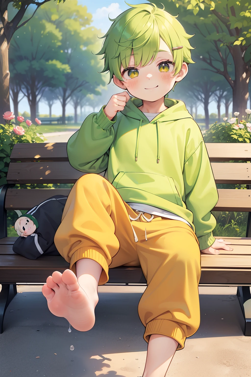 Masterpiece, chubby Little boy with green hair and shiny bright orange colored eyes and wearing a hoodie, and oversized sweatpants sitting on a bench in a park showing his foot, young, boy, child, small, toddler, (sweatpants:1.4), (Boy:1.5), (Shota:1.6), (Young:1.4), (Male:1.6), (smiling:1.4), (foot:1.6), (shy:1.4), (blushing:1.0), (shorthair:1.7)