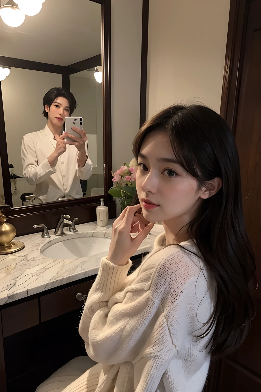 There is a man and a woman taking an 8k selfie in front of a mirror, Realistic!!!!!!! Art styles, Japanese , Realistic. Couple Pose, [realistic photo shot],