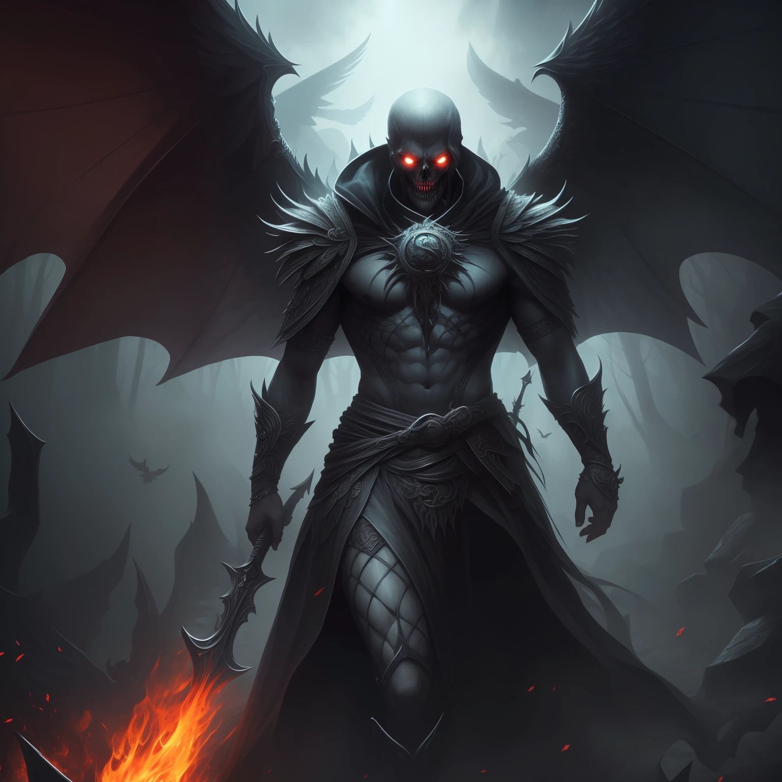 (very detailed 8k wallpaper), super realistic of a terrifying necromancer, intricate, high detail, dramatic, with wings