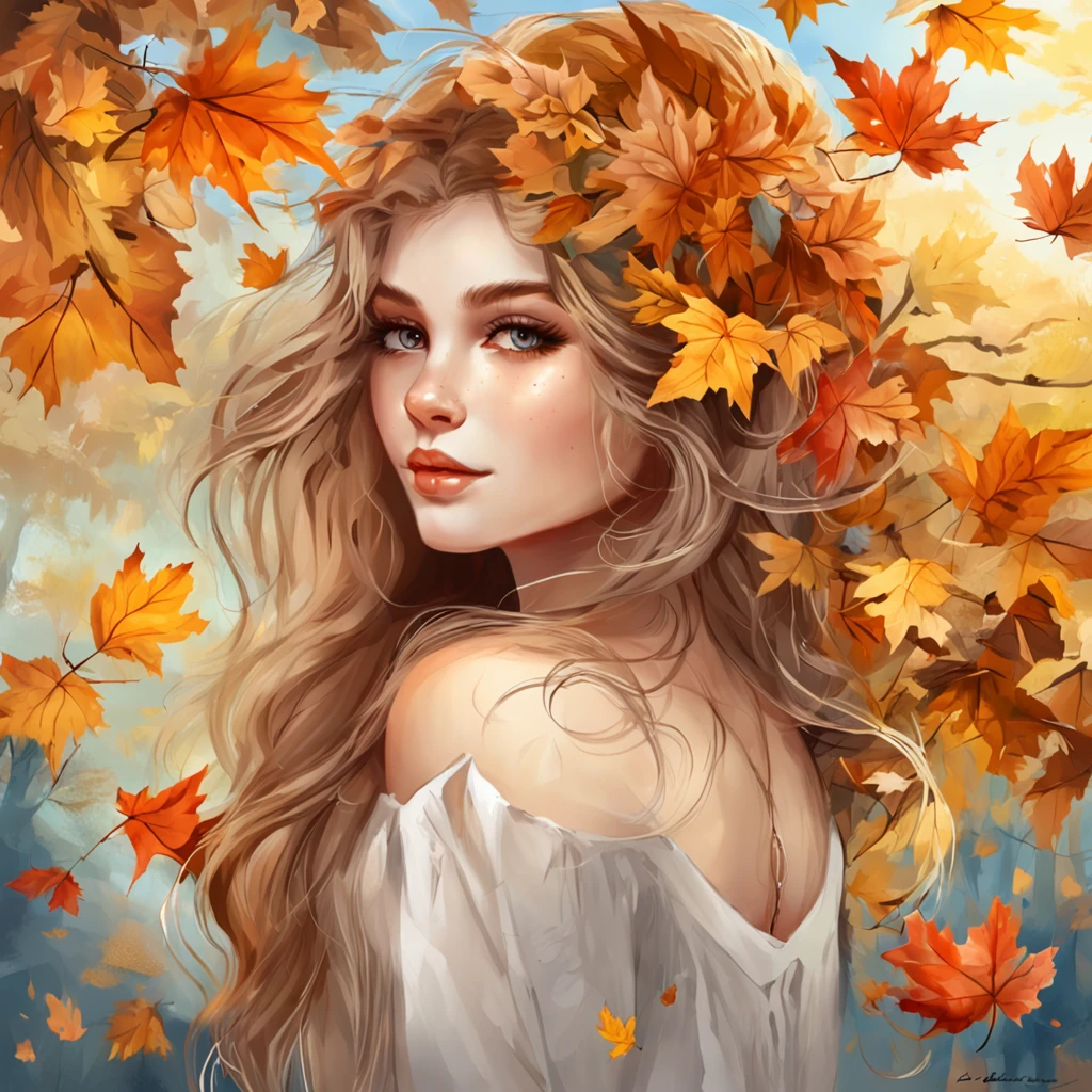 pintura de uma mulher com cabelos longos e olhos azuis em um campo de folhas, junto com um belo tigre, bela arte digital, linda arte digital linda, Arte bonita UHD 4K, bela arte digital, a beautiful artwork illustration, pintura digital bonita, arte digital muito bonita, lindo pintura digital, beautiful autumn spirit, retrato bonito da arte da fantasia, lindo arte digital, vento de outono, pintura de personagem bonita