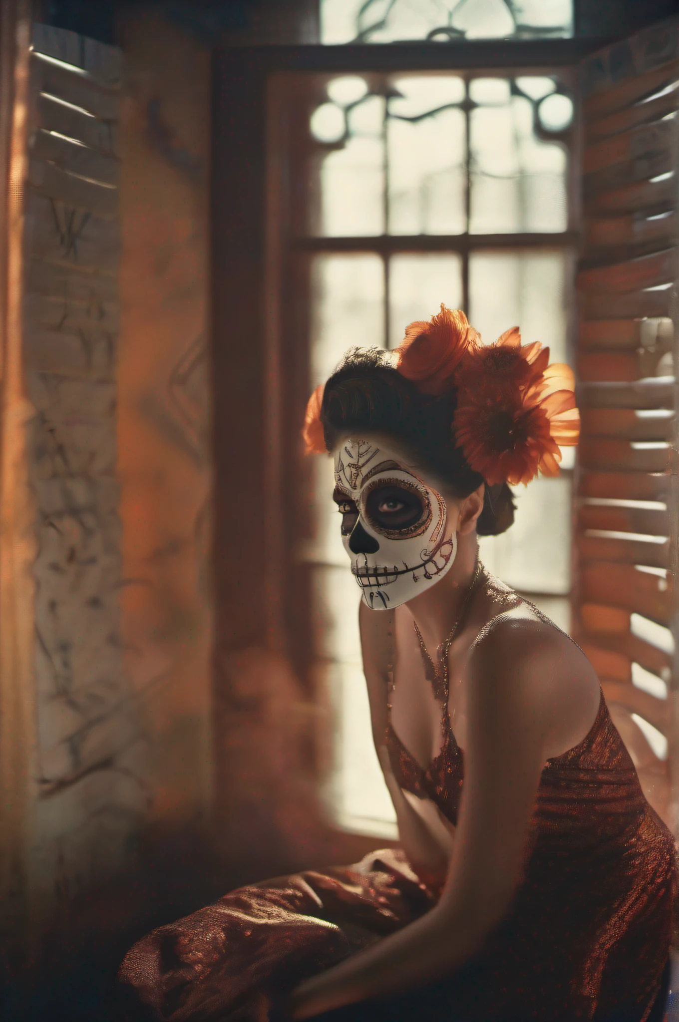 beautiful sexy naked woman, in Catrina / Mexican Skull MakeUp (Dia de muertos), (((dimly lit room with evening light rays entering a nearby window))), medium frame, sharp focus, low-light cross-processed film still, award winning studio photography, professional color grading, clean sharp focus, hyperrealistic, In a dark graffiti background, 8k