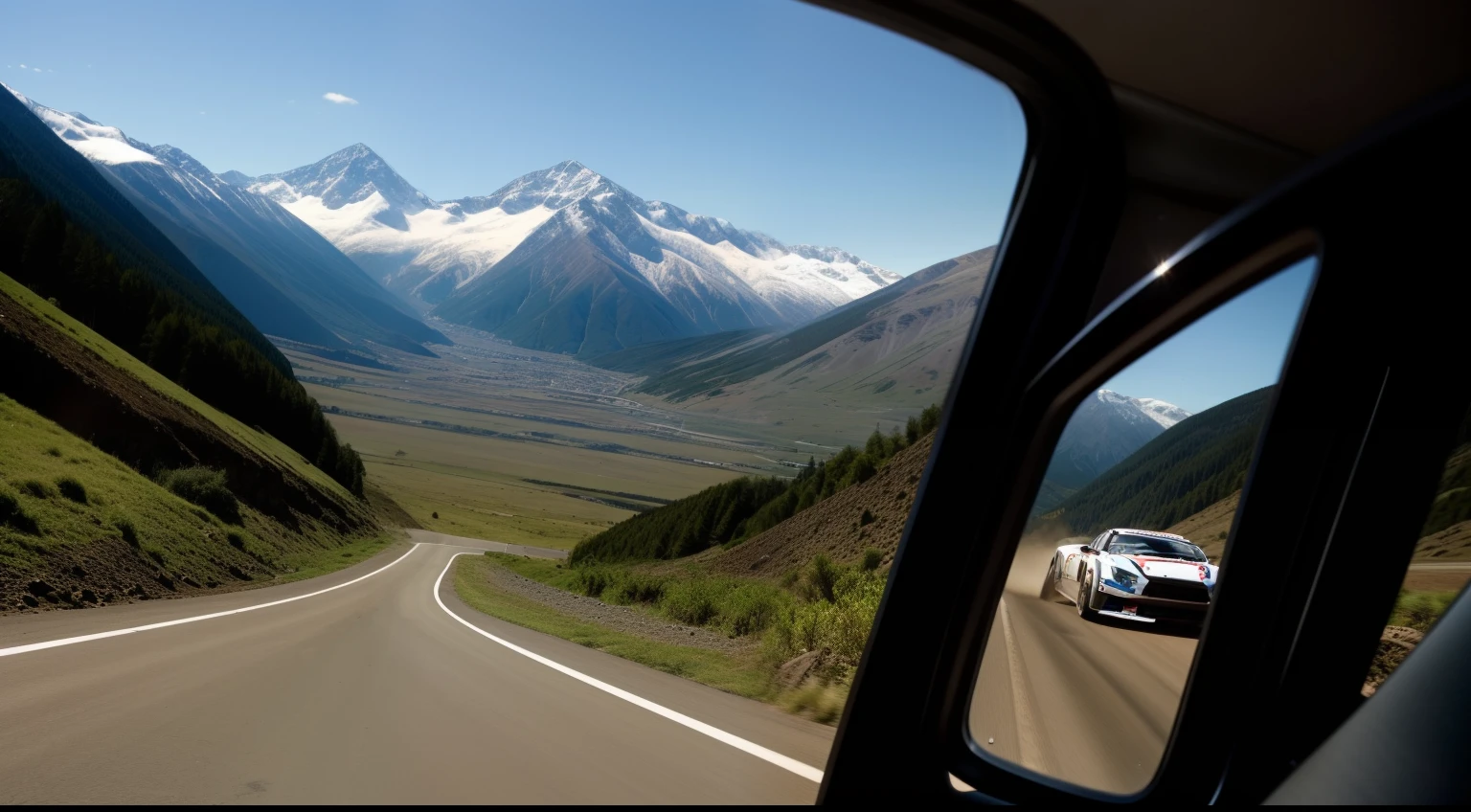 View from a rally car driver、(Off-road)、mountainous setting、Flowing scenery、Dead Heat、Cockpit camera footage、Rival car through the rearview mirror、Drive cam video、Overwhelming sense of speed、Slow shutter