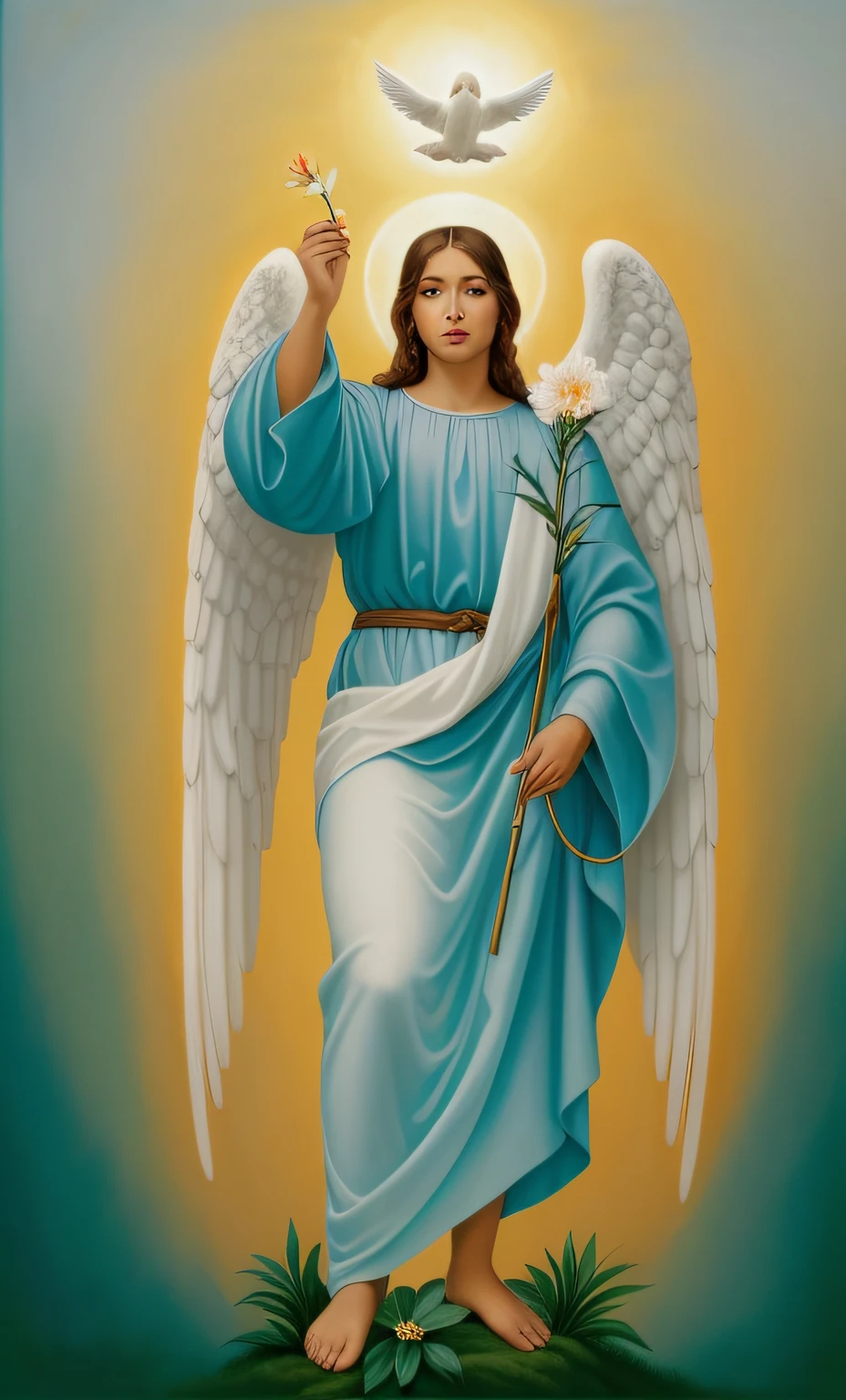 Painting of an angel with a dove and a flower in his hand, Arcanjo Miguel, saint michael the angel, anjo biblicamente acuado, angelic, cheio de pinturas de anjos, Jovem Anjo Wan, arcanjo, padroeiro do 🛸🌈👩🏾, Um Anjo da Luz do Amanhecer, Um anjo, Anjo majestoso de corpo inteiro, angelic