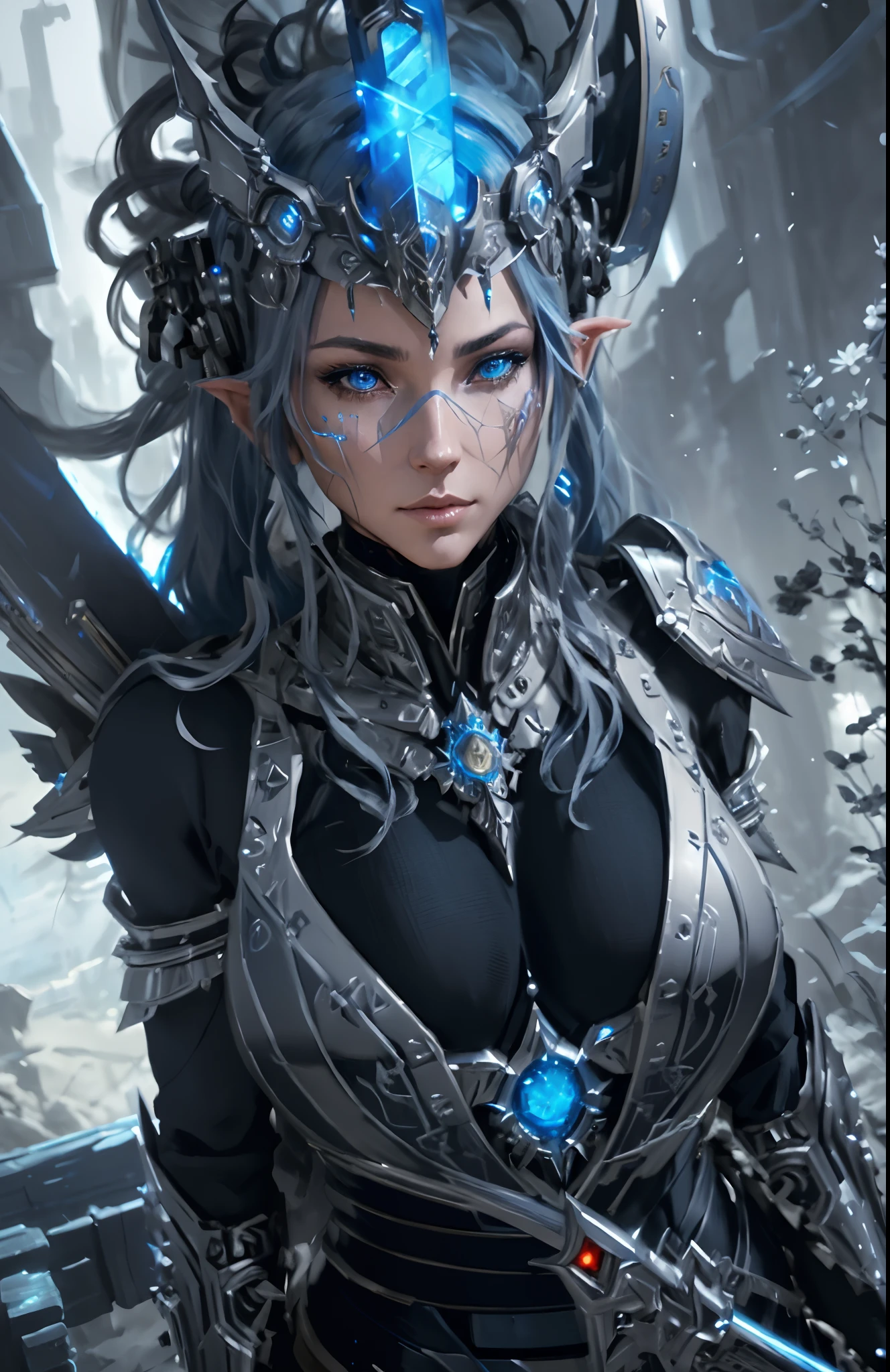 a woman in armor with a sword and a blue light, beautiful cyborg priestess, digital fantasy art ), detailed fantasy art, 4k fantasy art, highly detailed fantasy art, detailed fantasy digital art, cyberpunk robotic elvish queen, hyperdetailed fantasy character, epic fantasy digital art style, portrait of a cyborg queen, digital fantasy art, detailed digital 2d fantasy art