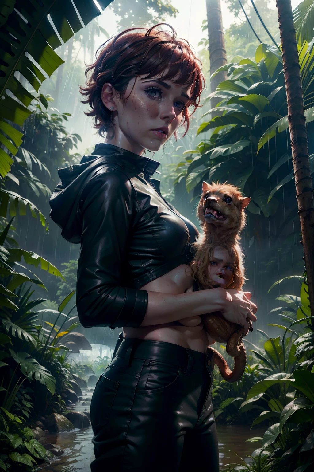 Hot Sophia lillis hunting alongside with a mini T rex next door jungle in background, rainy wet weather, soaking wet skin, raindrops, thunderstorm, bright neon lights, pale skin, pulled down pants, high details, best quality, 8k, [ultra detailed], masterpiece, best quality, (extremely detailed), dynamic angle, ultra wide shot, RAW, photorealistic,