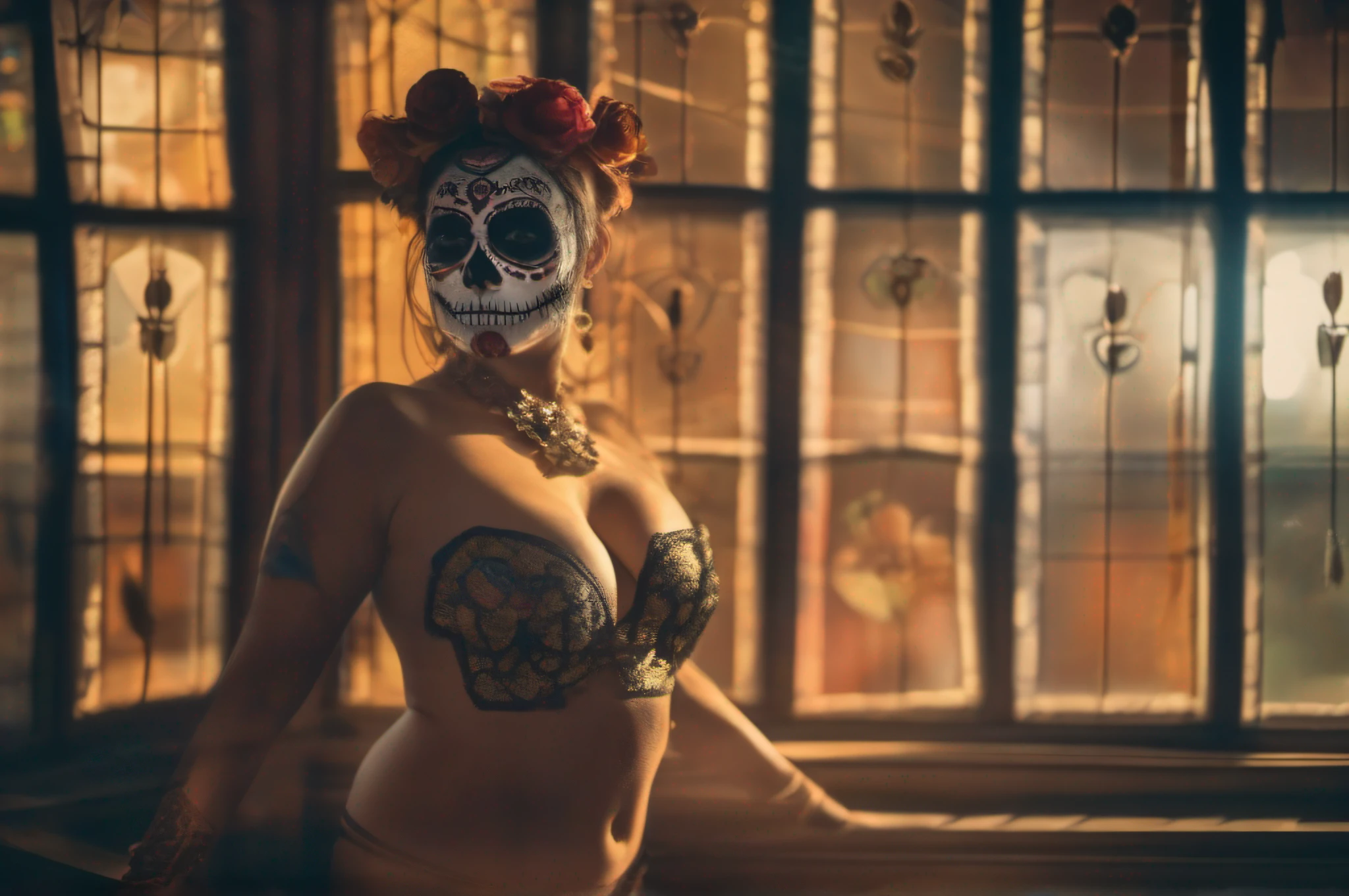 beautiful sexy naked woman, in Catrina / Mexican Skull MakeUp (Dia de muertos), (((dimly lit room with evening light rays entering a nearby window))), medium frame, sharp focus, low-light cross-processed film still, award winning studio photography, professional color grading, clean sharp focus, hyperrealistic, In a dark graffiti background, 8k
