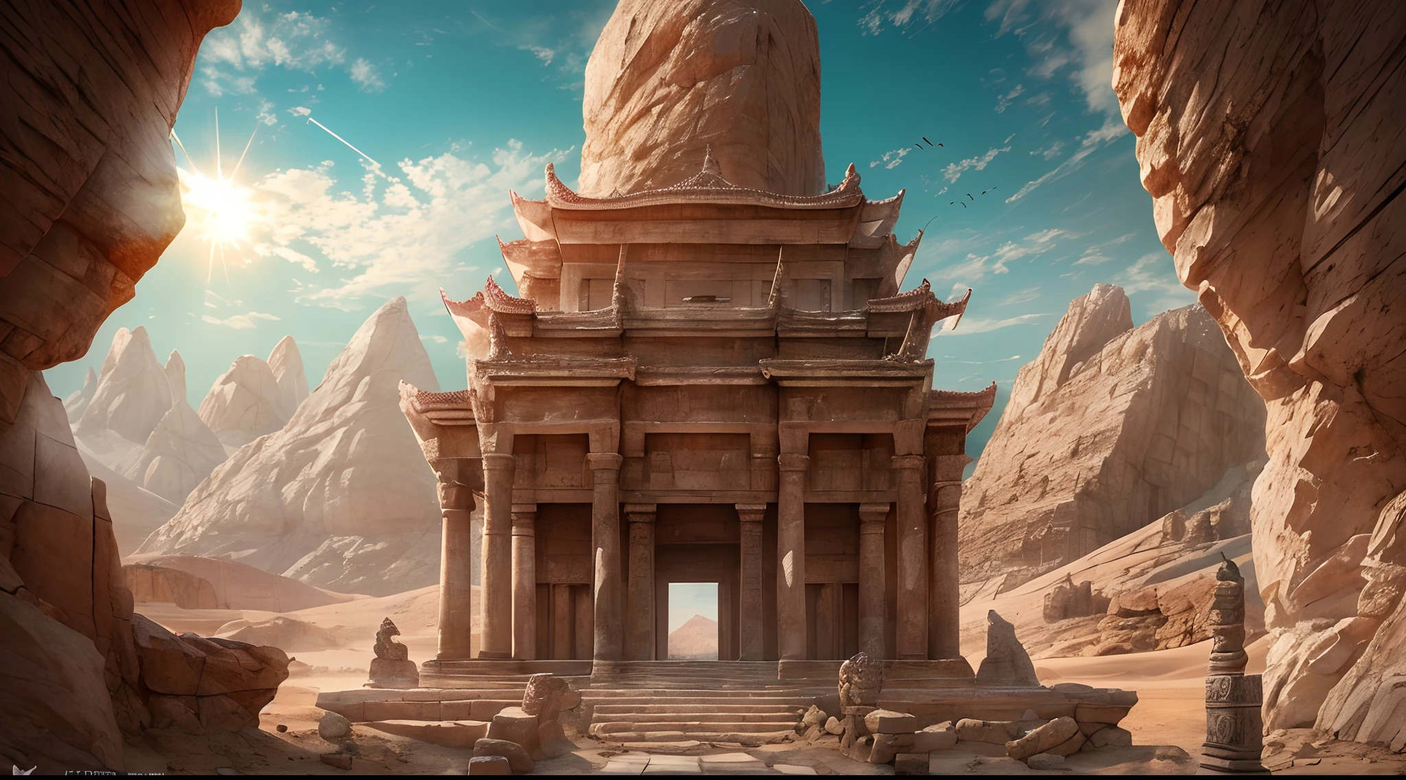 high details, best quality, 8k, [ultra detailed], masterpiece, best quality, phtorealism (extremely detailed), fantasy art, a picture of mountain in the desert with an ancient temple built into the mountain(intense details, Masterpiece, best quality: 1.5), a temple carved in the mountain (intense details, Masterpiece, best quality: 1.5),  at the desert, ancient temple (intense details, Masterpiece, best quality: 1.5), lost cultures, stone arches (intense details, Masterpiece, best quality: 1.5), intese stone engraving, lion statues (intense details, Masterpiece, best quality: 1.5), stone pillars, sun rise, silhouette, sun particles, blue desert sky background