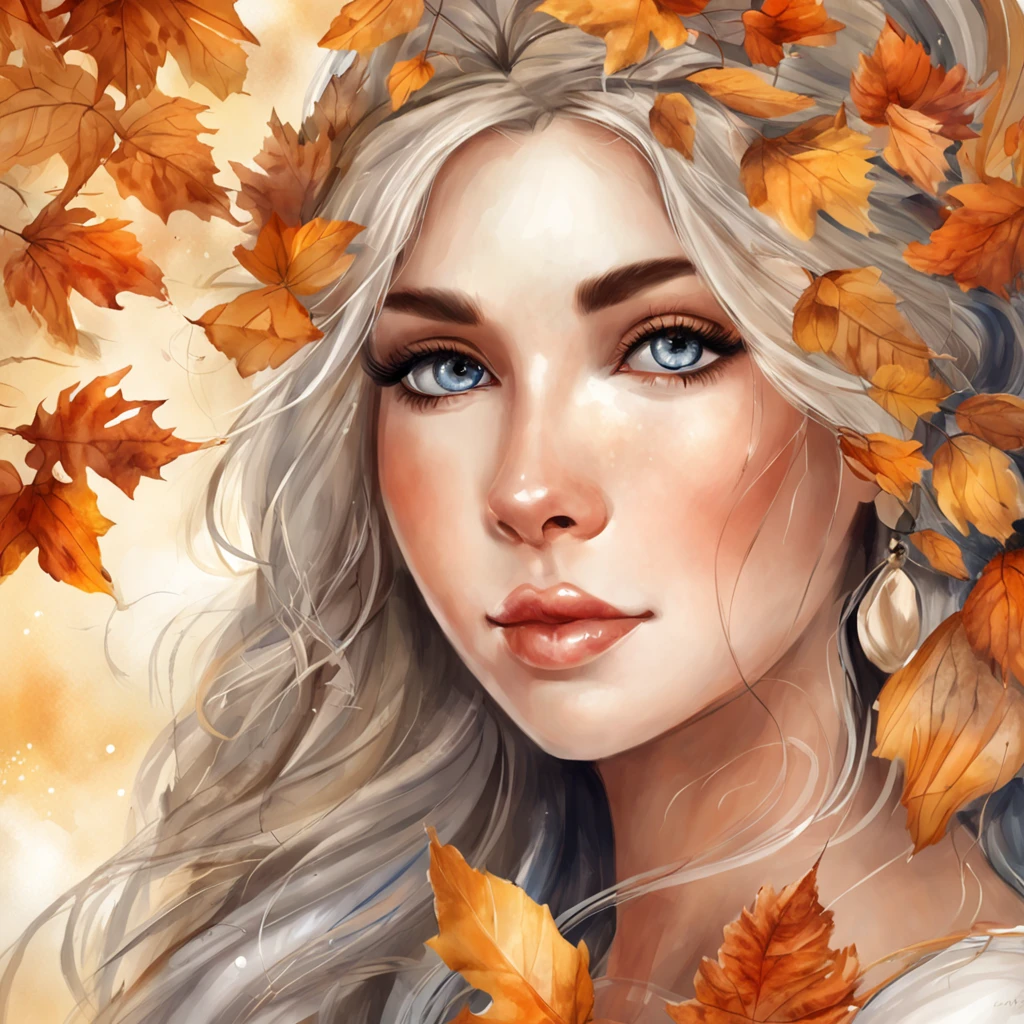 pintura de uma mulher com cabelos longos e olhos azuis em um campo de folhas, junto com um belo tigre, bela arte digital, linda arte digital linda, Arte bonita UHD 4K, bela arte digital, a beautiful artwork illustration, pintura digital bonita, arte digital muito bonita, lindo pintura digital, beautiful autumn spirit, retrato bonito da arte da fantasia, lindo arte digital, vento de outono, pintura de personagem bonita