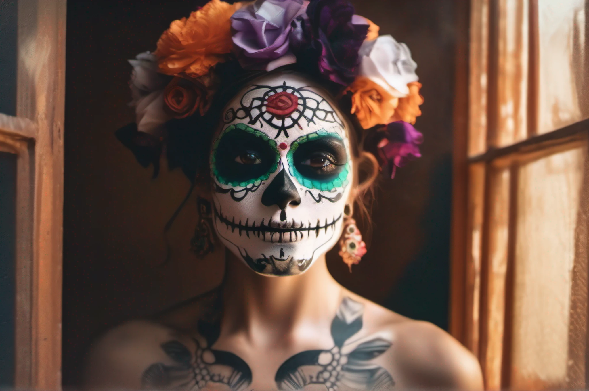 beautiful sexy naked woman, in Catrina / Mexican Skull MakeUp (Dia de muertos), (((dimly lit room with evening light rays entering a nearby window))), medium frame, sharp focus, low-light cross-processed film still, award winning studio photography, professional color grading, clean sharp focus, hyperrealistic, In a dark graffiti background, 8k
