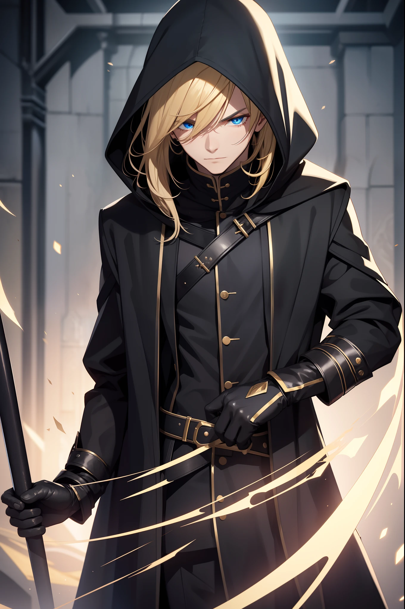 solo male, black robes, black pants, black gloves, black hood, golden mask, mage, blonde hair, blue eyes