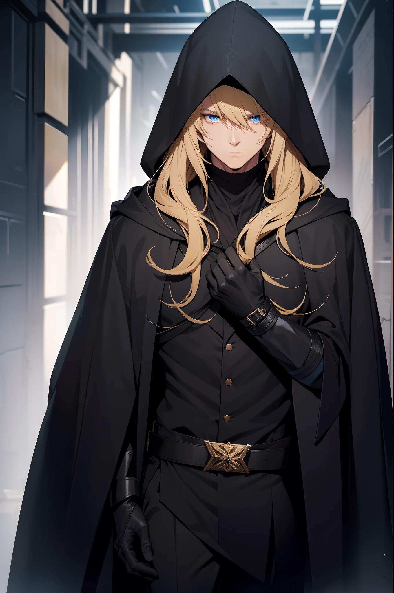solo male, black robes, black pants, black gloves, black hood, golden mask, mage, blonde hair, blue eyes