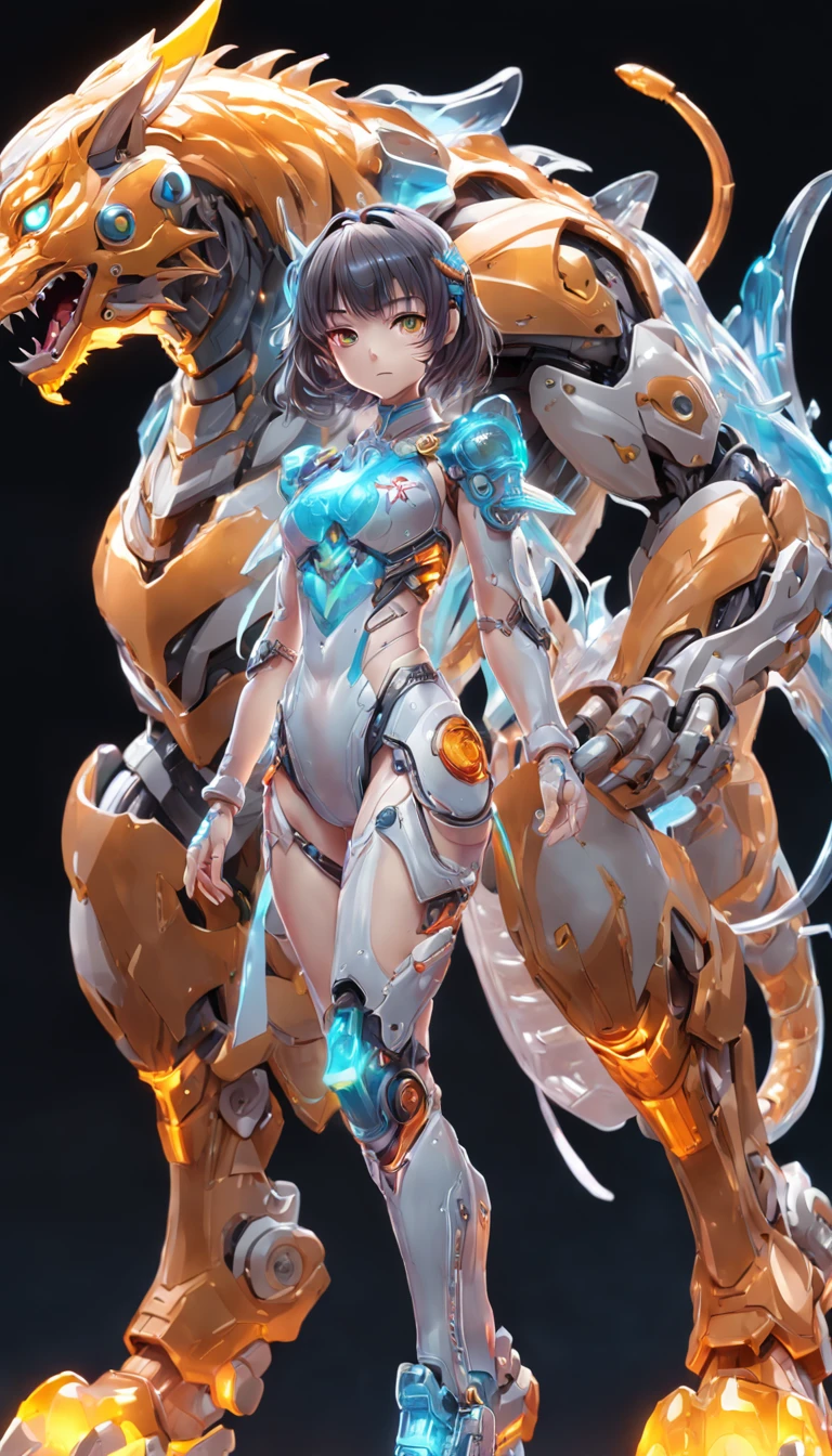 Chinese Tiger, (blind box toy style:1.2), (Full body shot) , 1 transparent girl,Behind him is a transparent Chinese dragon, Transparent Mecha, Exquisite helmet:1.2, Luminescent goggles:1.2, Cyberpunk, Dreamy glow, bright neon lights, clean, White background, ( Global Illumination, Ray traching, nffsw, Unreal Render,Reasonable design, high detal, masutepiece, Best Quality, hyper HD, Cinematic lighting)