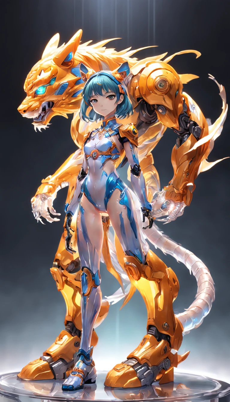 Chinese Tiger, (blind box toy style:1.2), (Full body shot) , 1 transparent girl,Behind him is a transparent Chinese dragon, Transparent Mecha, Exquisite helmet:1.2, Luminescent goggles:1.2, Cyberpunk, Dreamy glow, bright neon lights, clean, White background, ( Global Illumination, Ray traching, nffsw, Unreal Render,Reasonable design, high detal, masutepiece, Best Quality, hyper HD, Cinematic lighting)