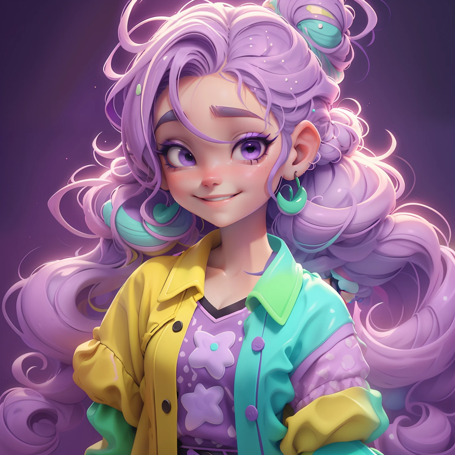 menina Lodo, (Lodo), Slime cabelo bun estilo de cabelo, Roxo escuro, sorriso branco, roupas rave neon, master part, best quality